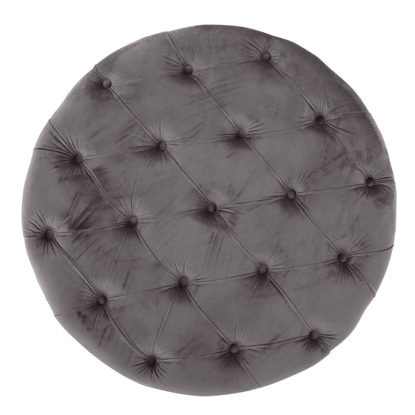 Round grey velvet ottoman with tufted detailing and button accents