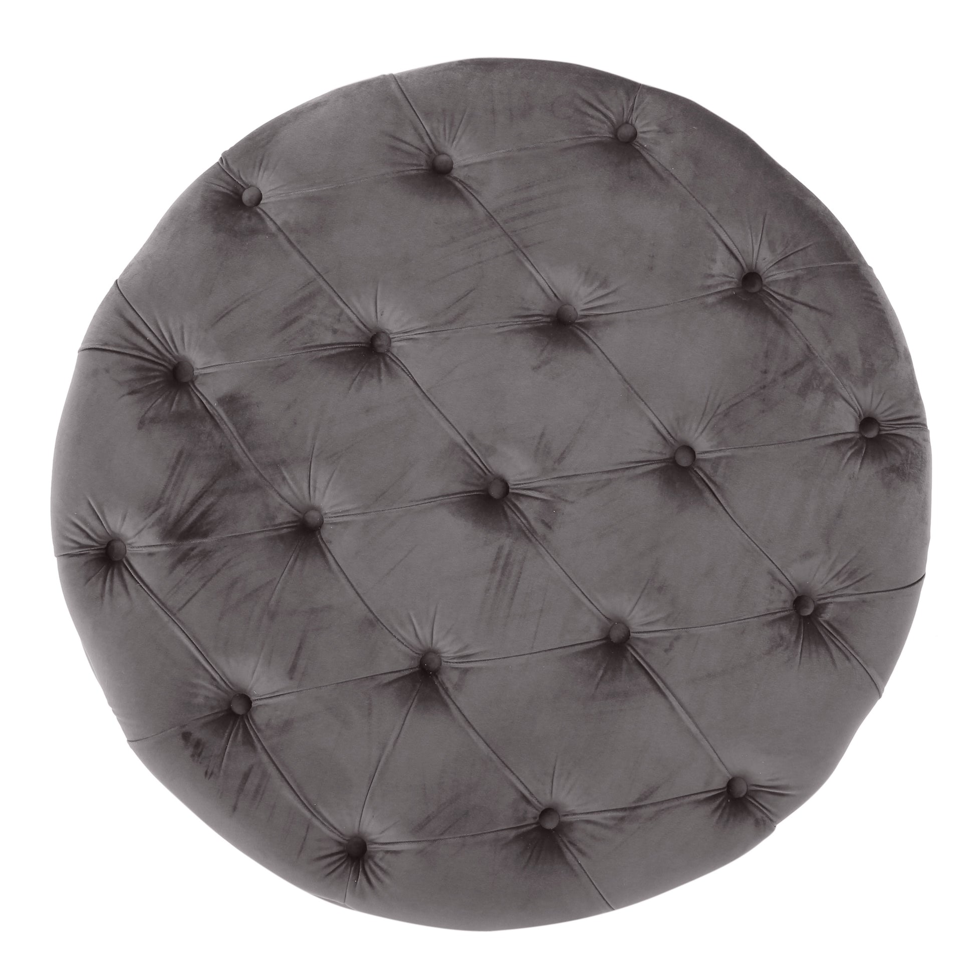 Round grey velvet ottoman with tufted detailing and button accents