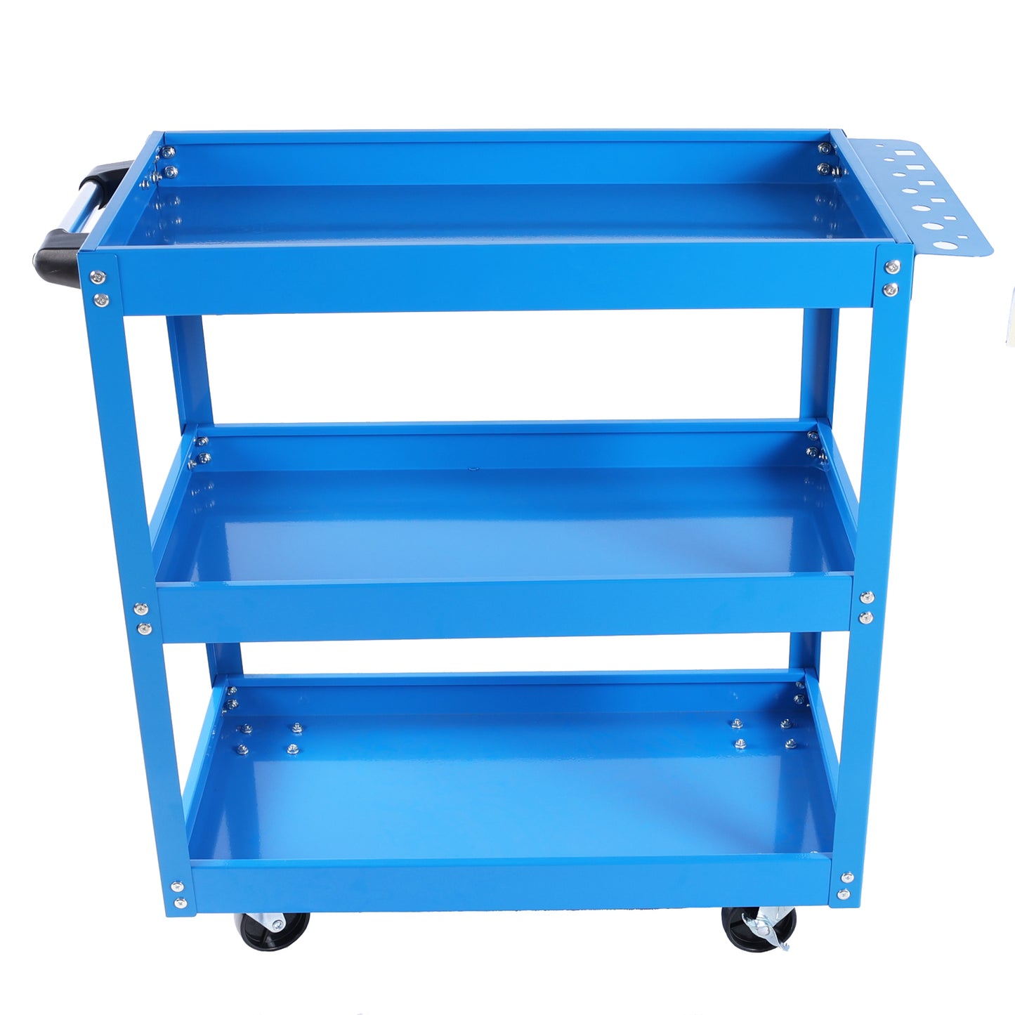 Blue threetier rolling tool cart with handle and perforated side panel for workshop use