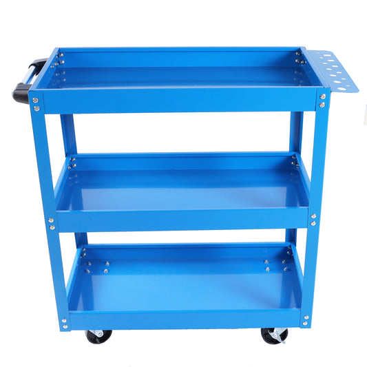 Blue threetier rolling tool cart with handle and perforated side panel for workshop use