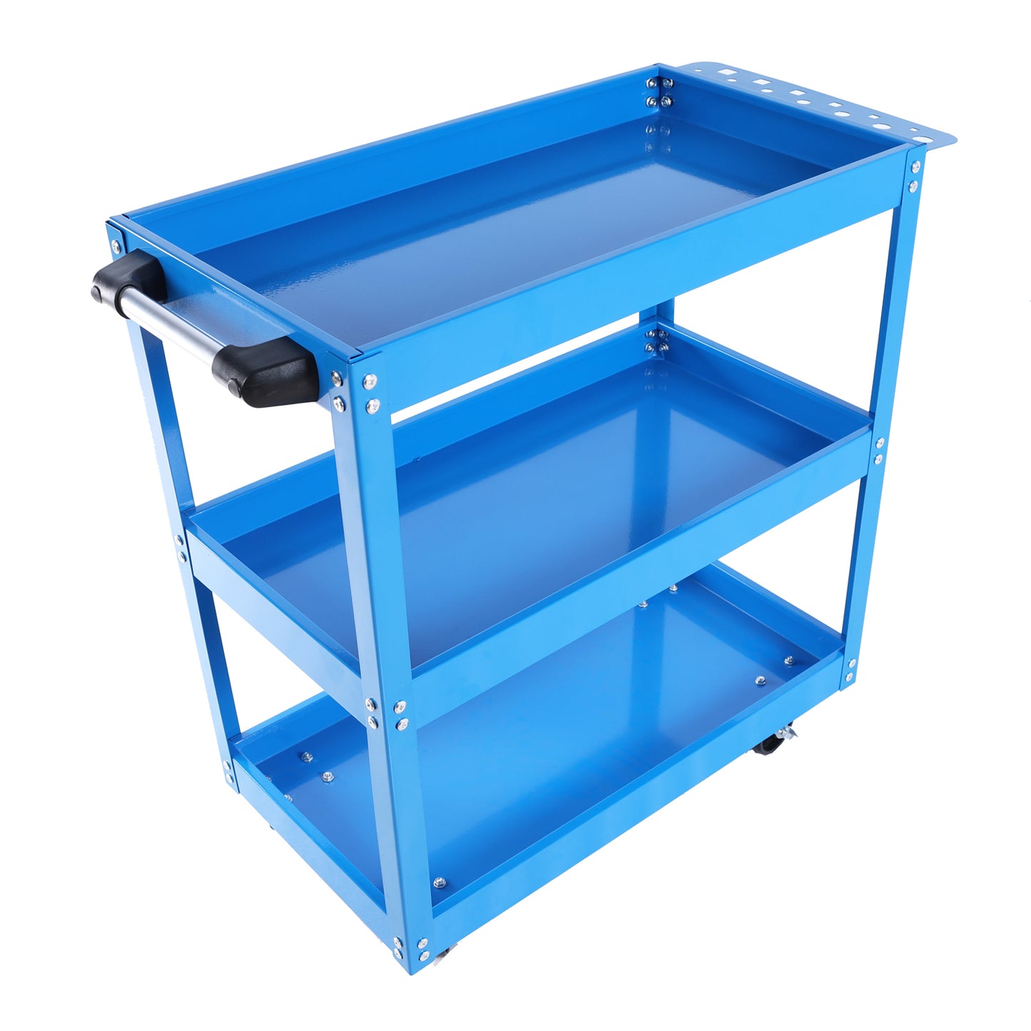 Blue threetier rolling tool cart with handle and perforated top shelf