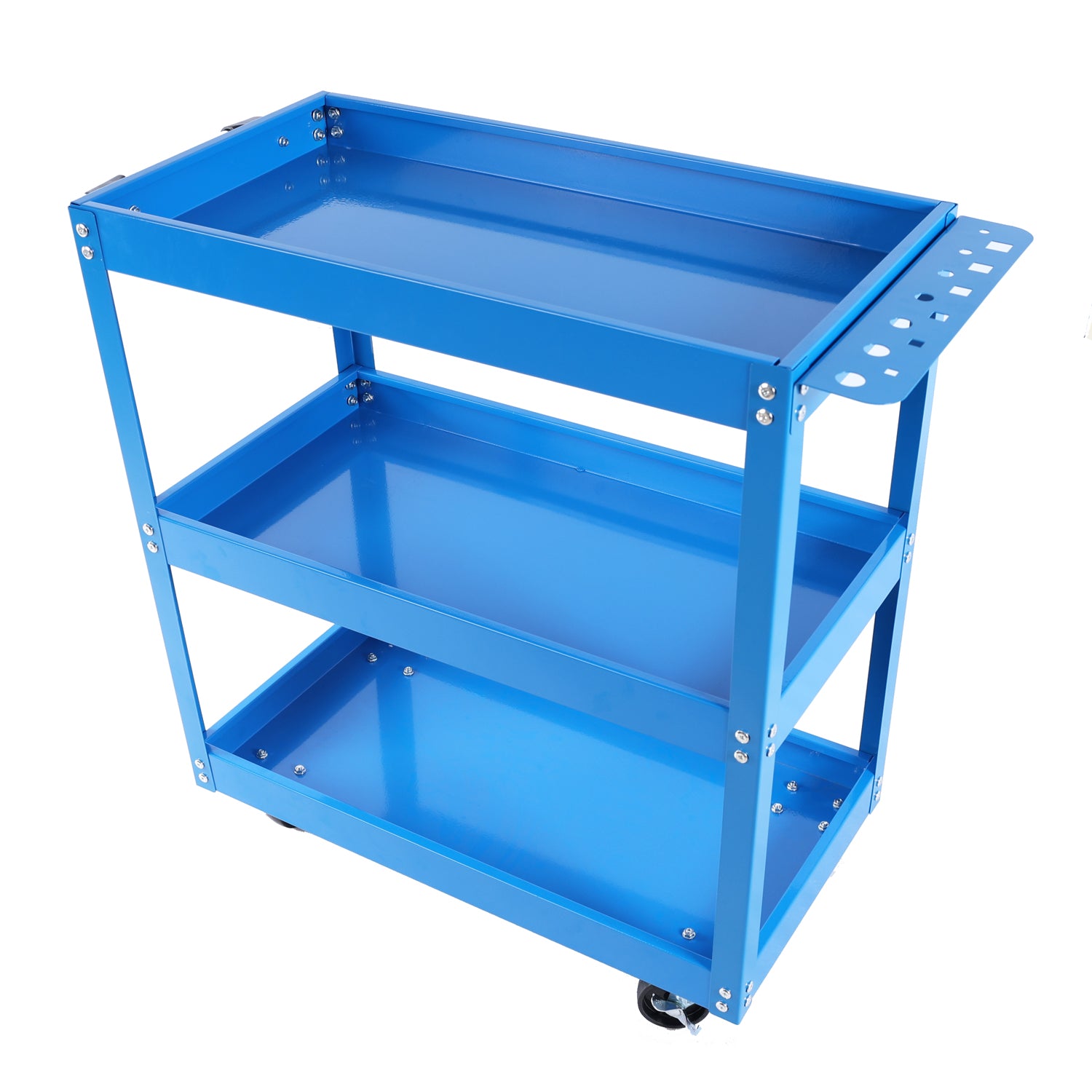 Blue tier metal rolling tool cart with storage shelves and side organizer