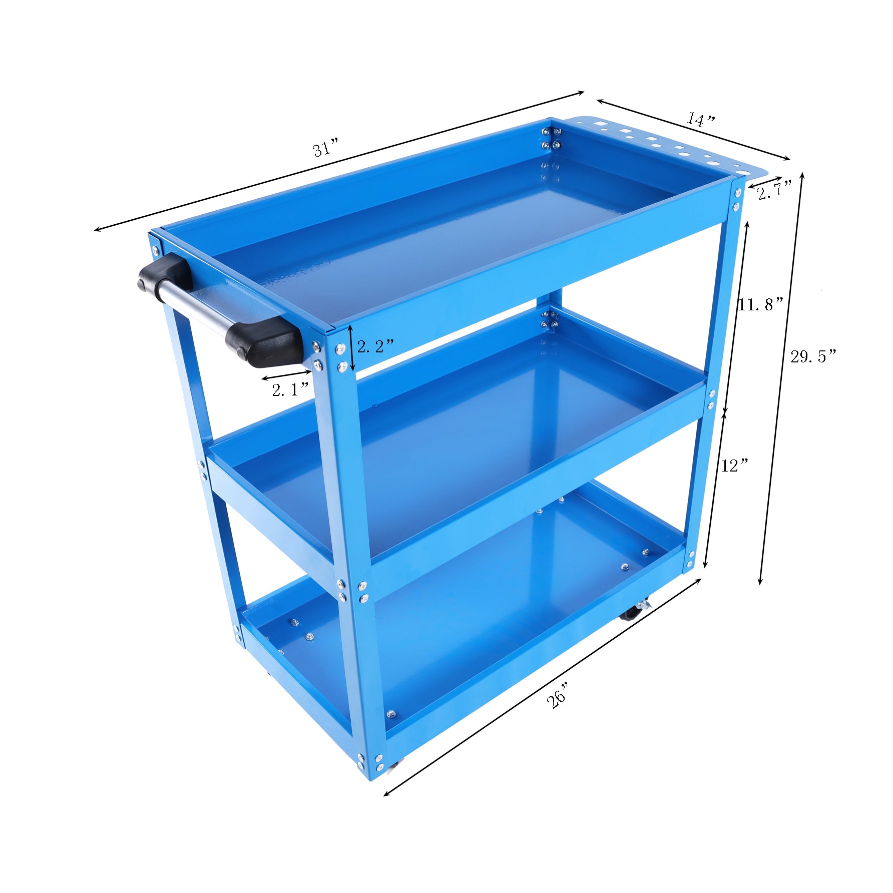 Blue tier rolling tool cart with  length and  width ideal for garage organization