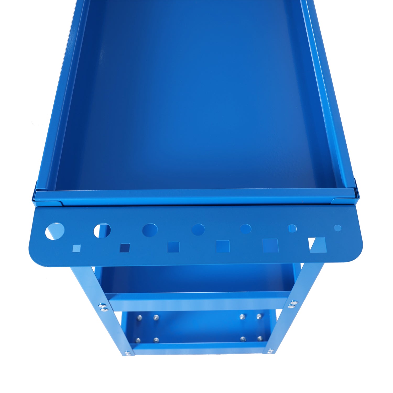 Blue metal rolling tool cart with multiple compartments and tool holders