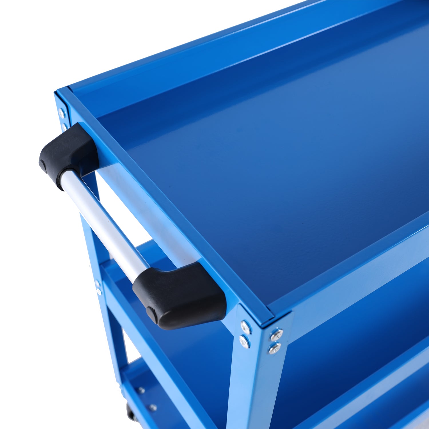 Closeup of a blue tier rolling tool cart with a silver handle