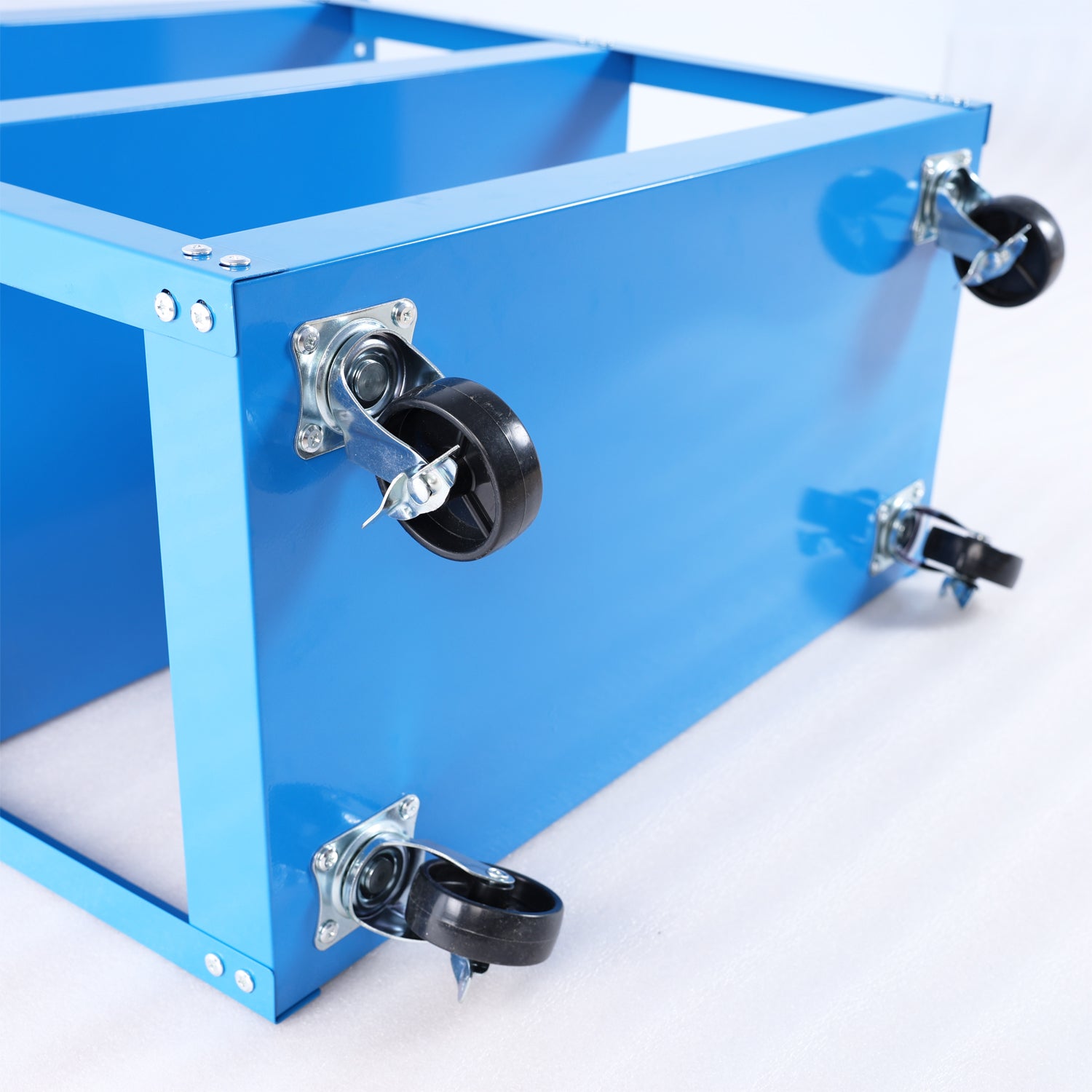 Blue metal rolling cart frame with black caster wheels for mobility