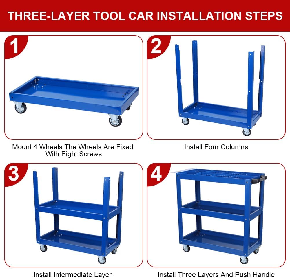 Blue threelayer tool cart with four wheels bottom layer mounted with eight screws