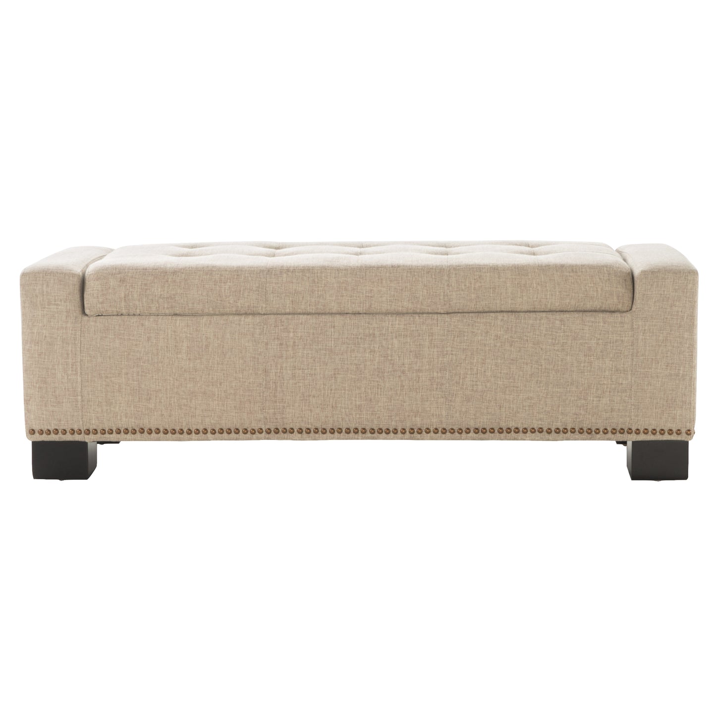 Tufted beige linen storage ottoman with bronze nailhead trim and dark wooden feet