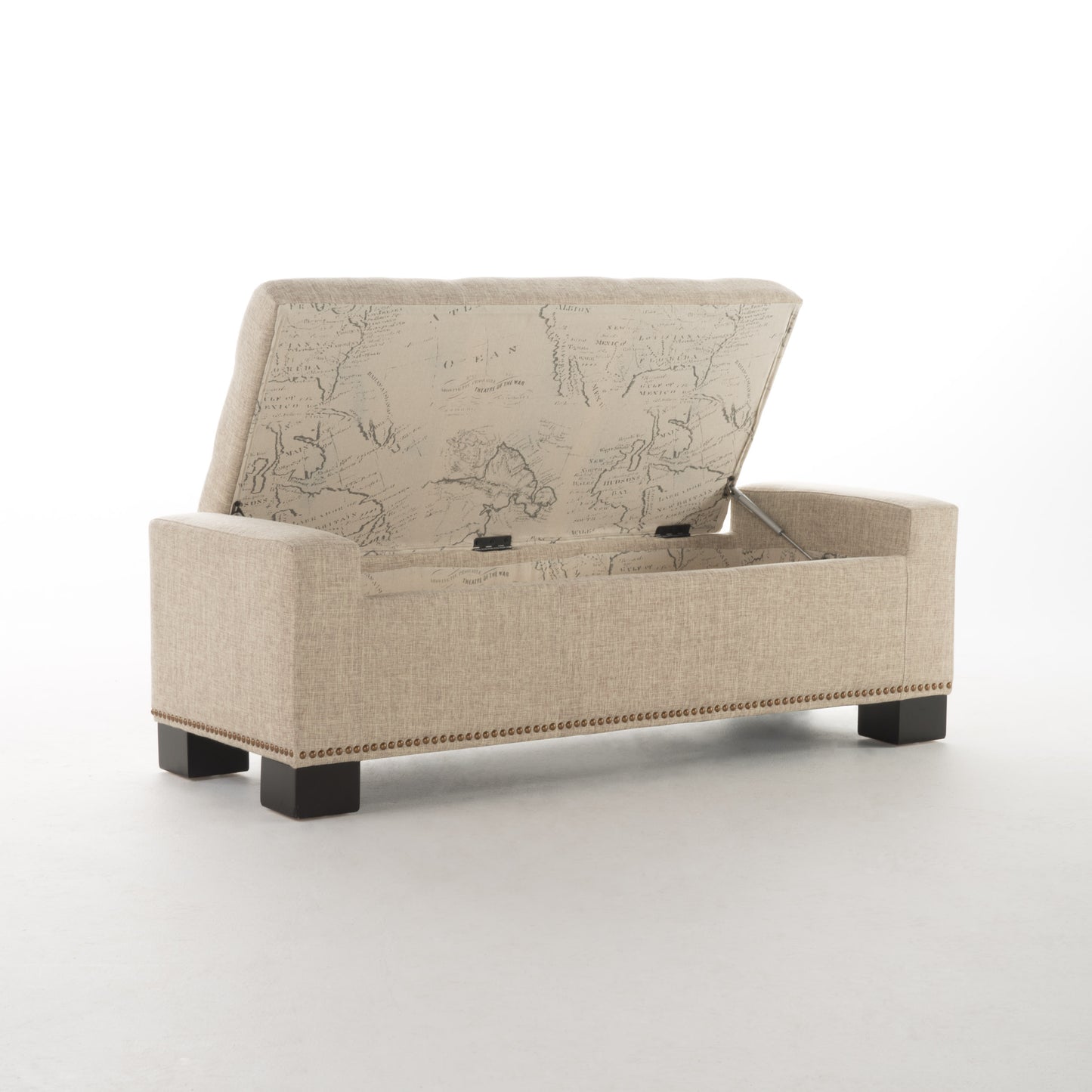 Beige linen storage bench with antique map interior