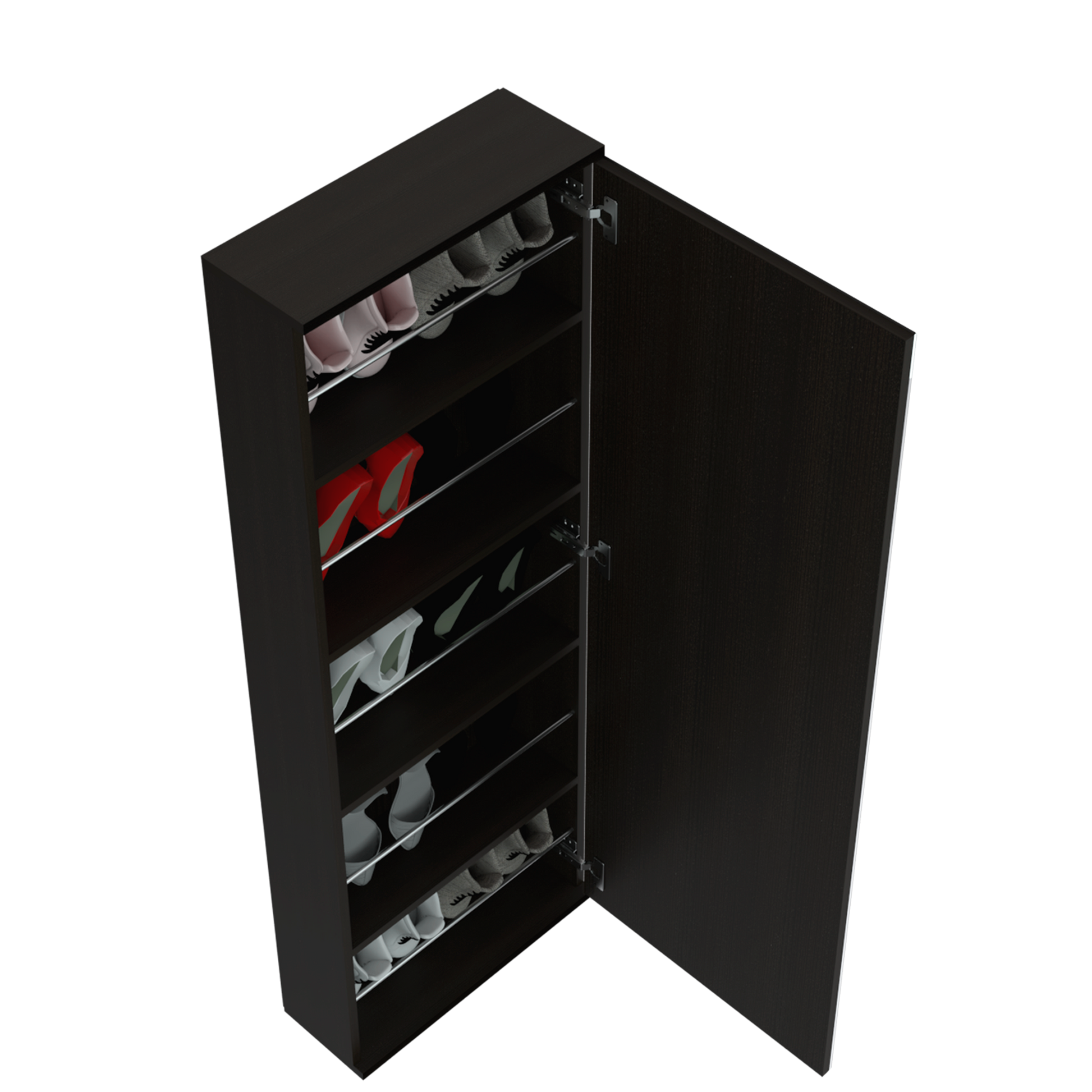 Tall dark brown shoe cabinet with  shelves holding various shoes and an open door