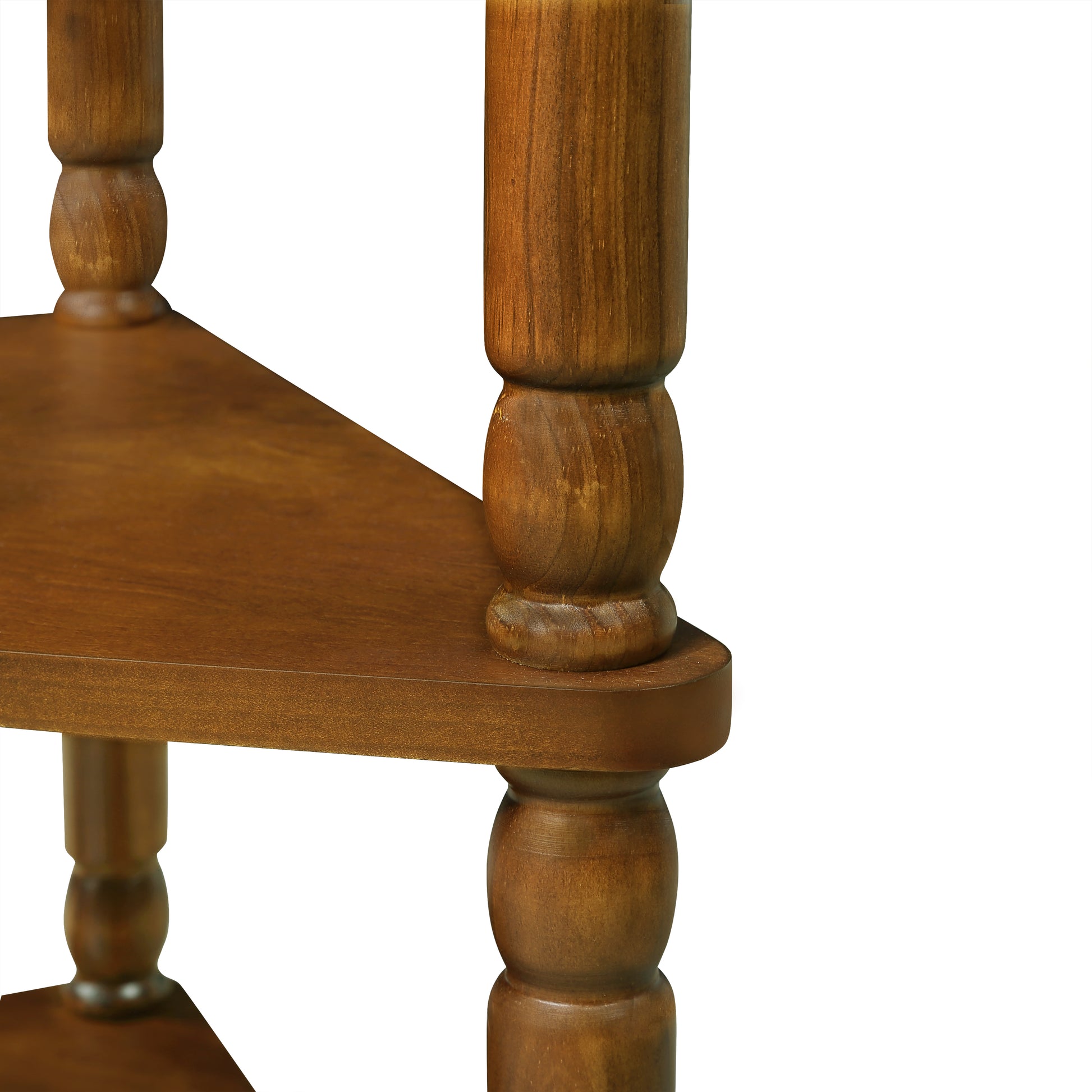 Closeup of a rustic wooden corner shelf with turned legs