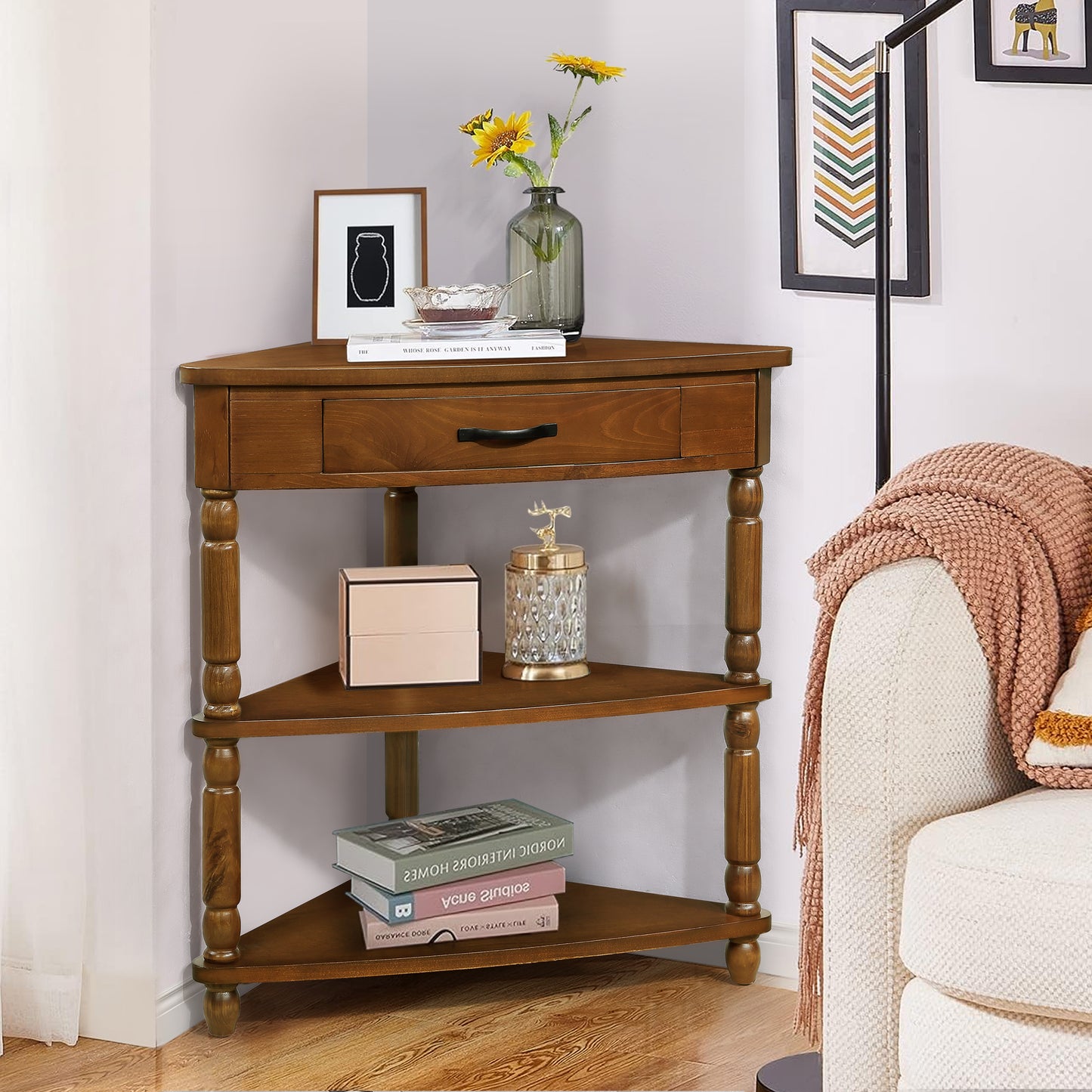 Solid wood corner accent table with three tiers and black hardware