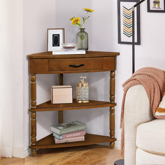 Solid wood corner accent table with three tiers and black hardware
