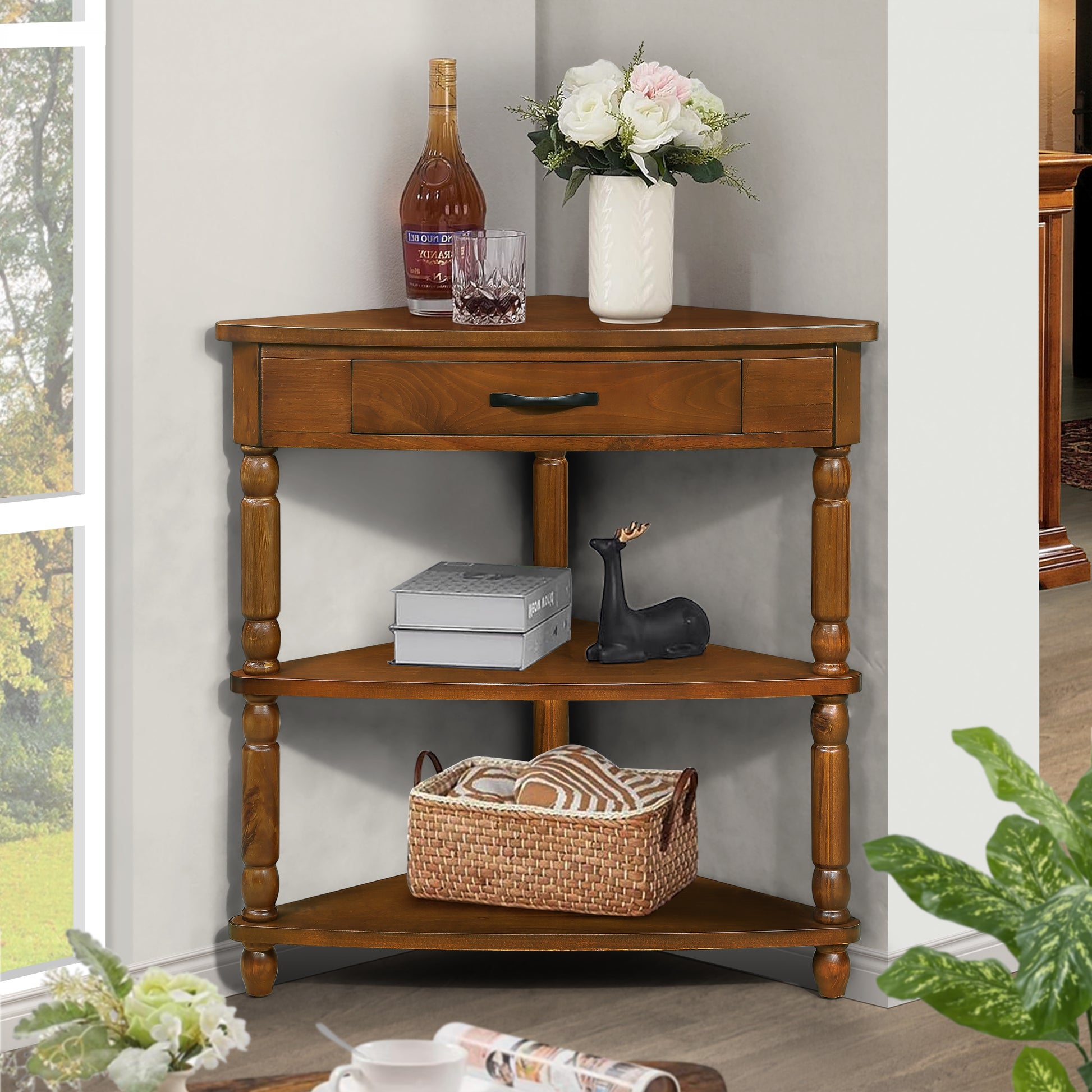 Solid wood corner shelf with a single drawer and decorative turned legs