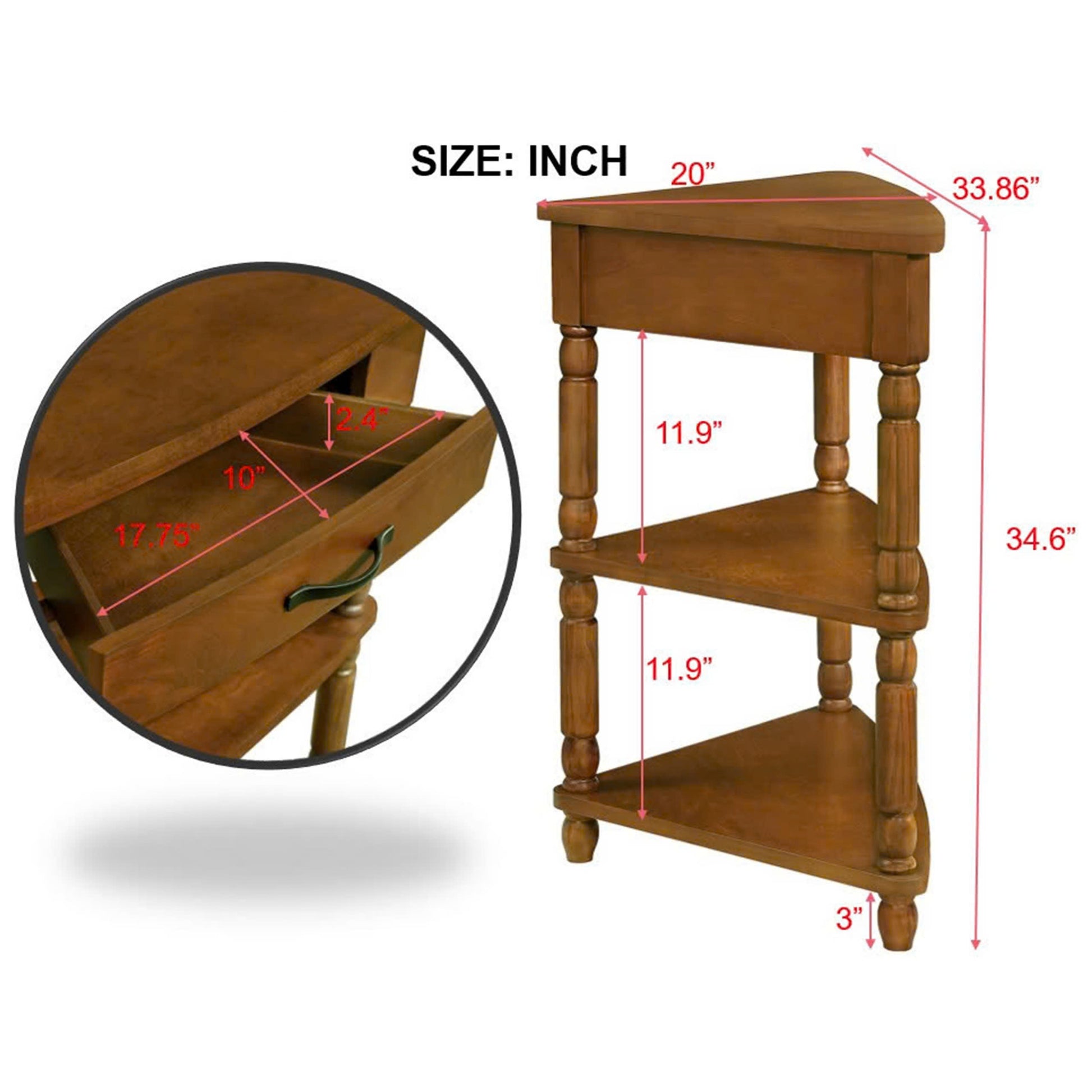 Classic wooden corner shelf unit with a drawer and turned legs  characters