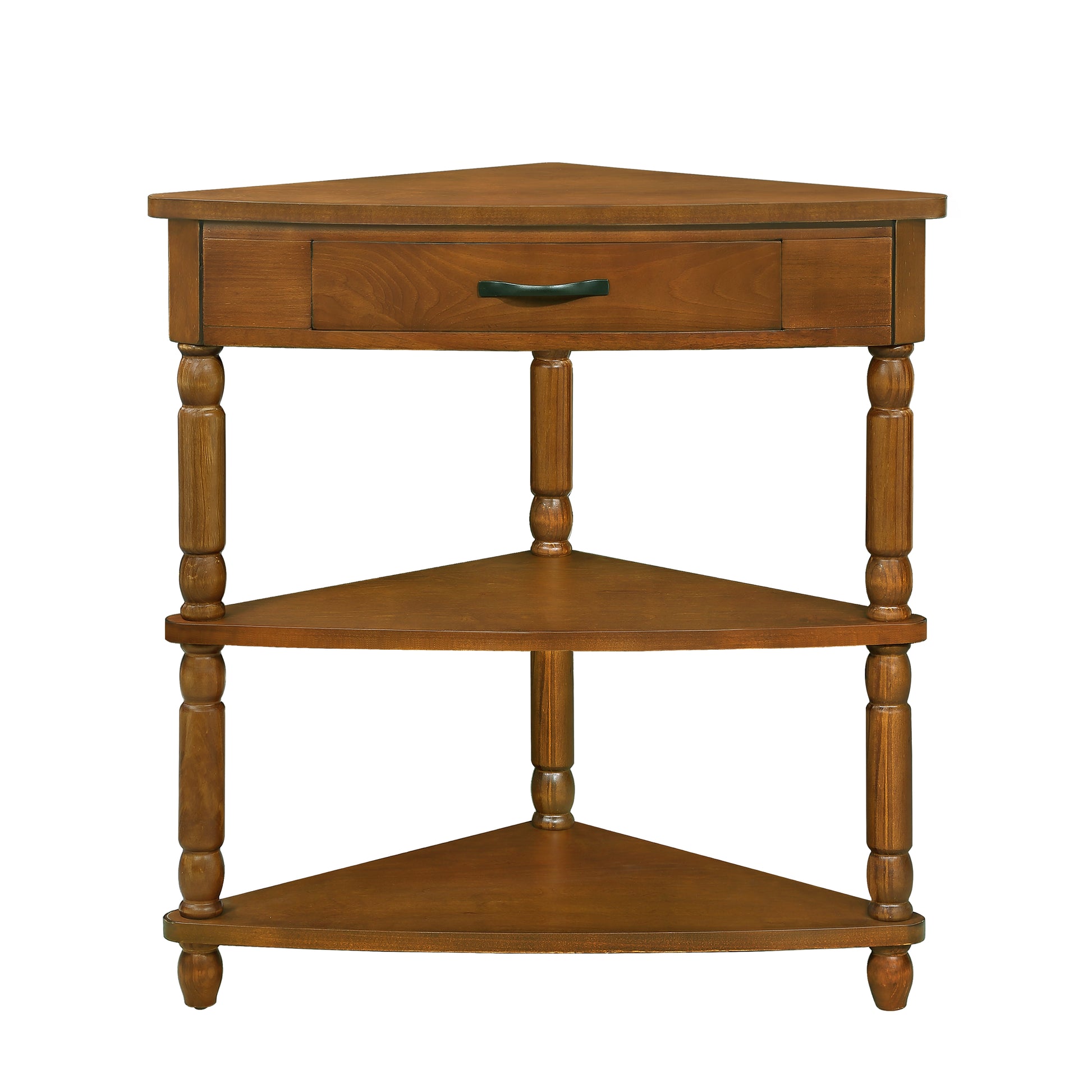 Brown wood corner accent table with three tiers and a single drawer
