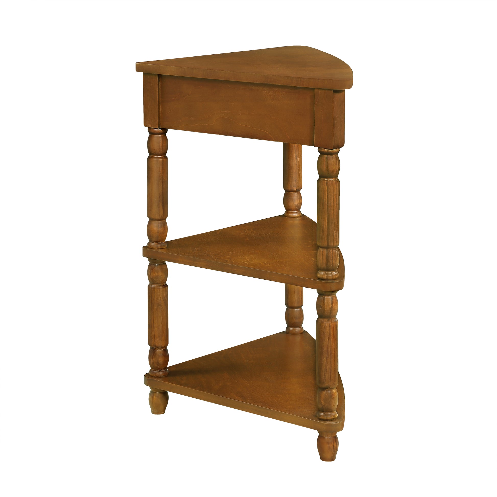 Wooden corner accent table with three tiered shelves and turned legs