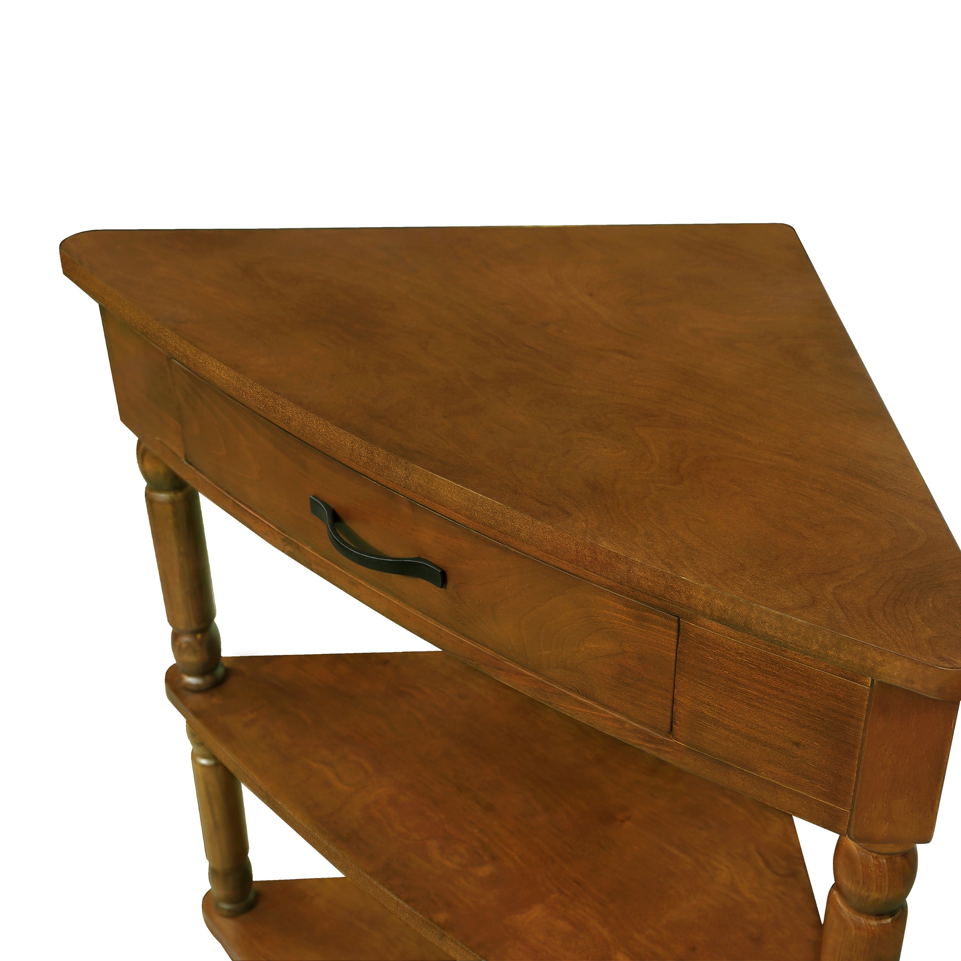 Warm oak corner table with one drawer and a black pull handle perfect for entryways