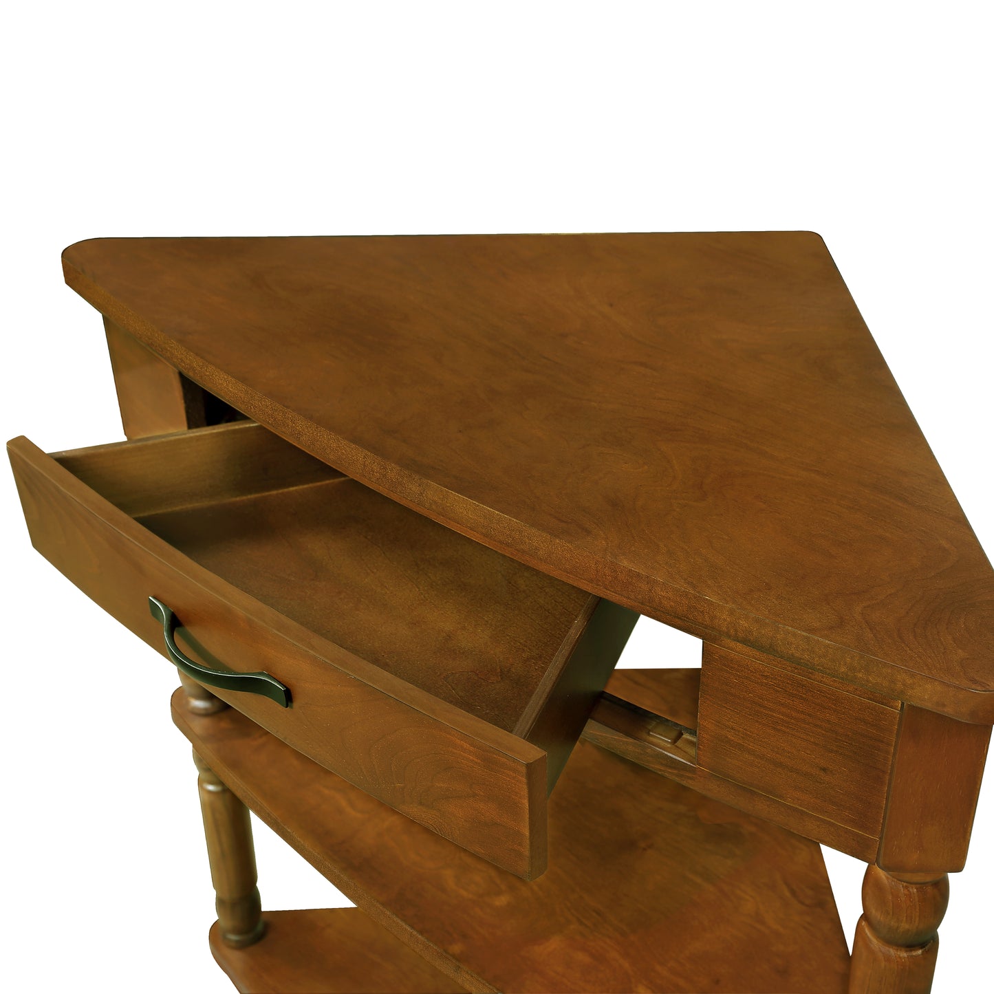 Solid wood corner table with one open drawer and natural wood grain finish