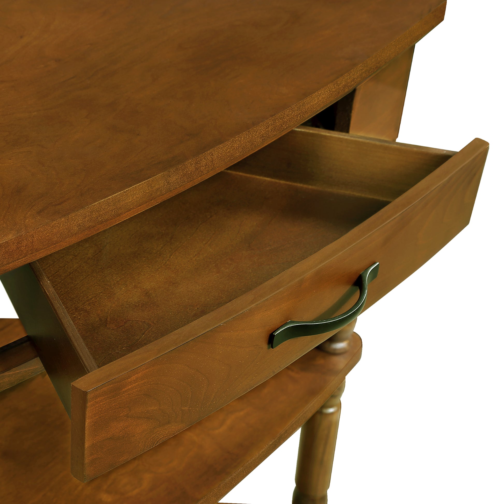 Rich brown wooden side table with one open drawer and black hardware