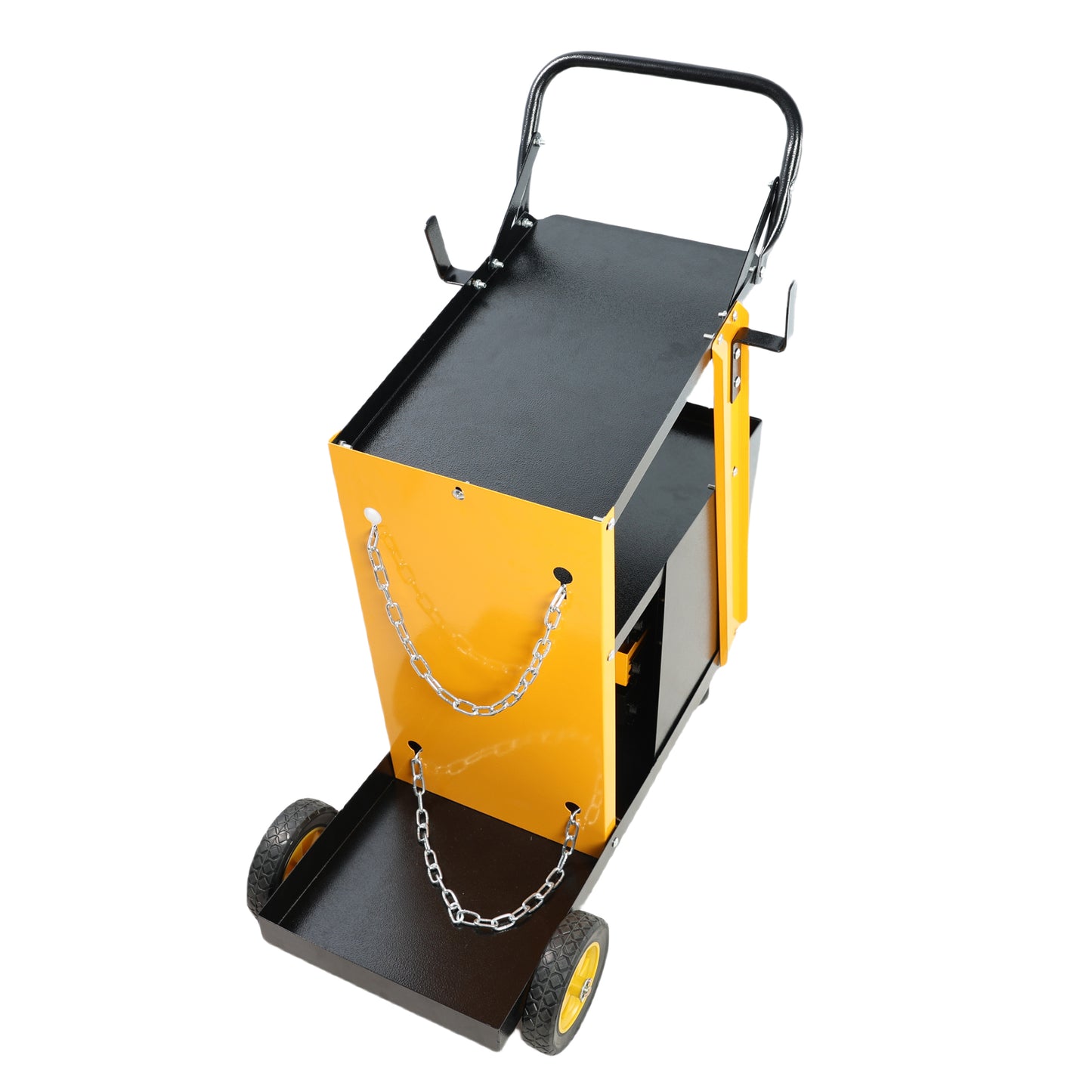 Yellow steel welding cart with two shelves and a handle for mobility