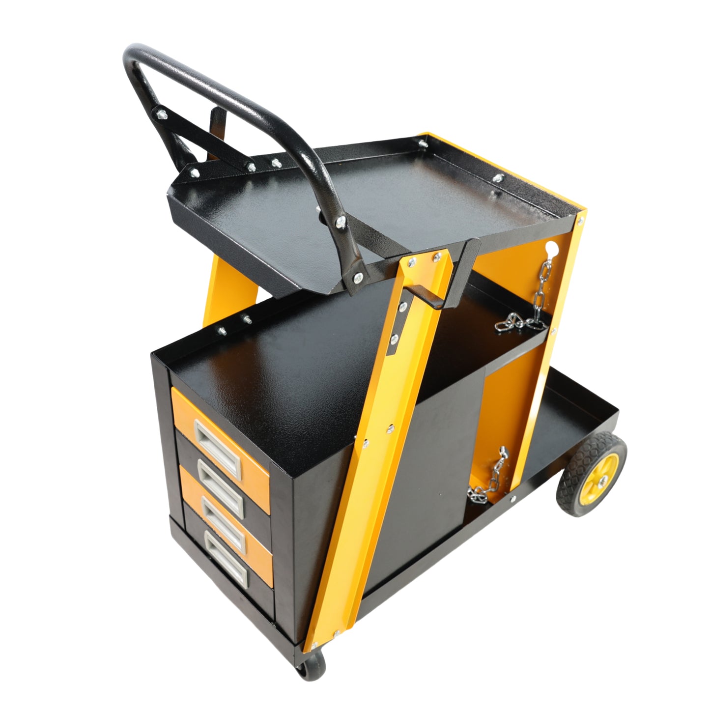 Black and yellow rolling mechanic tool cart with three drawers