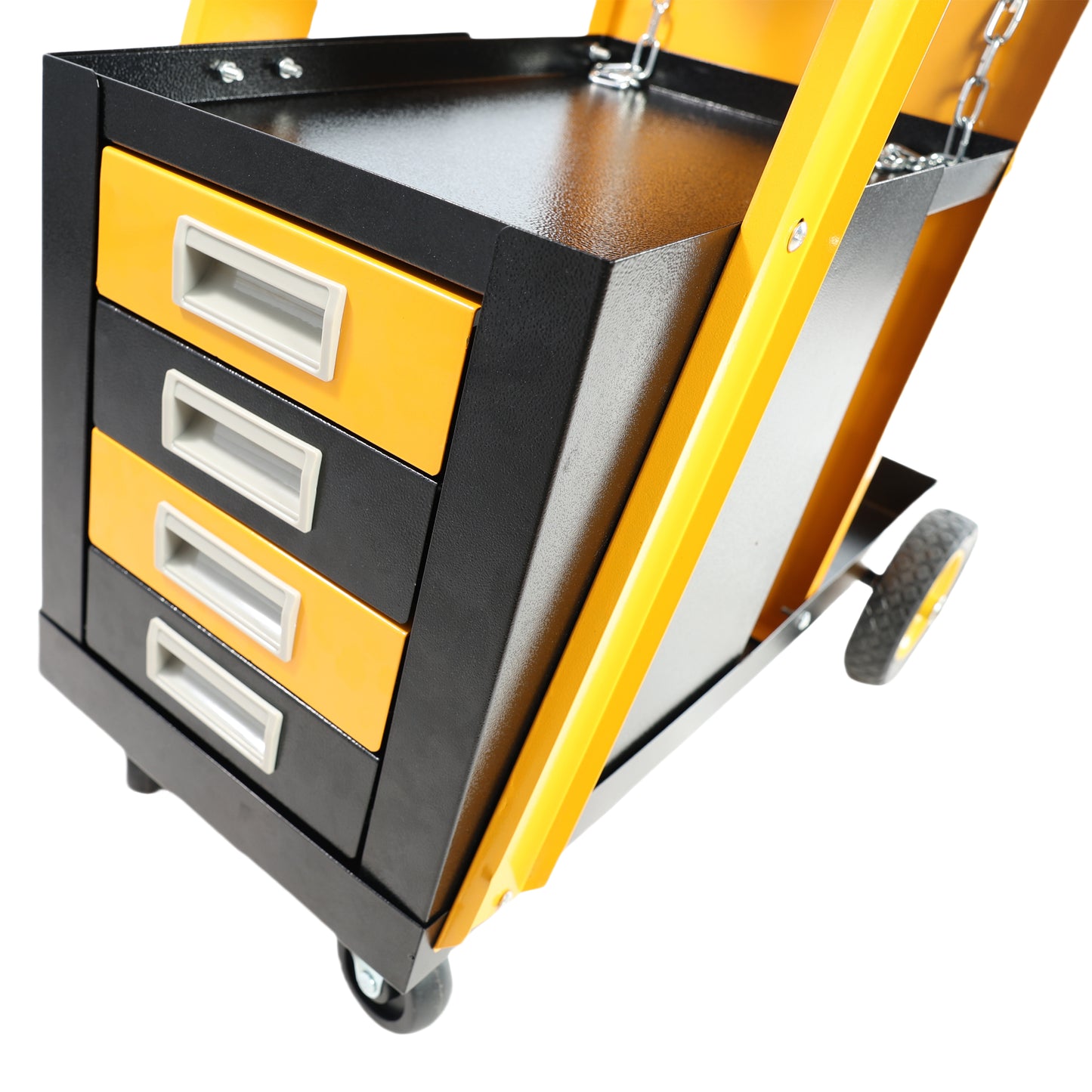 Yellow and black metal tool cart with four drawers and wheels