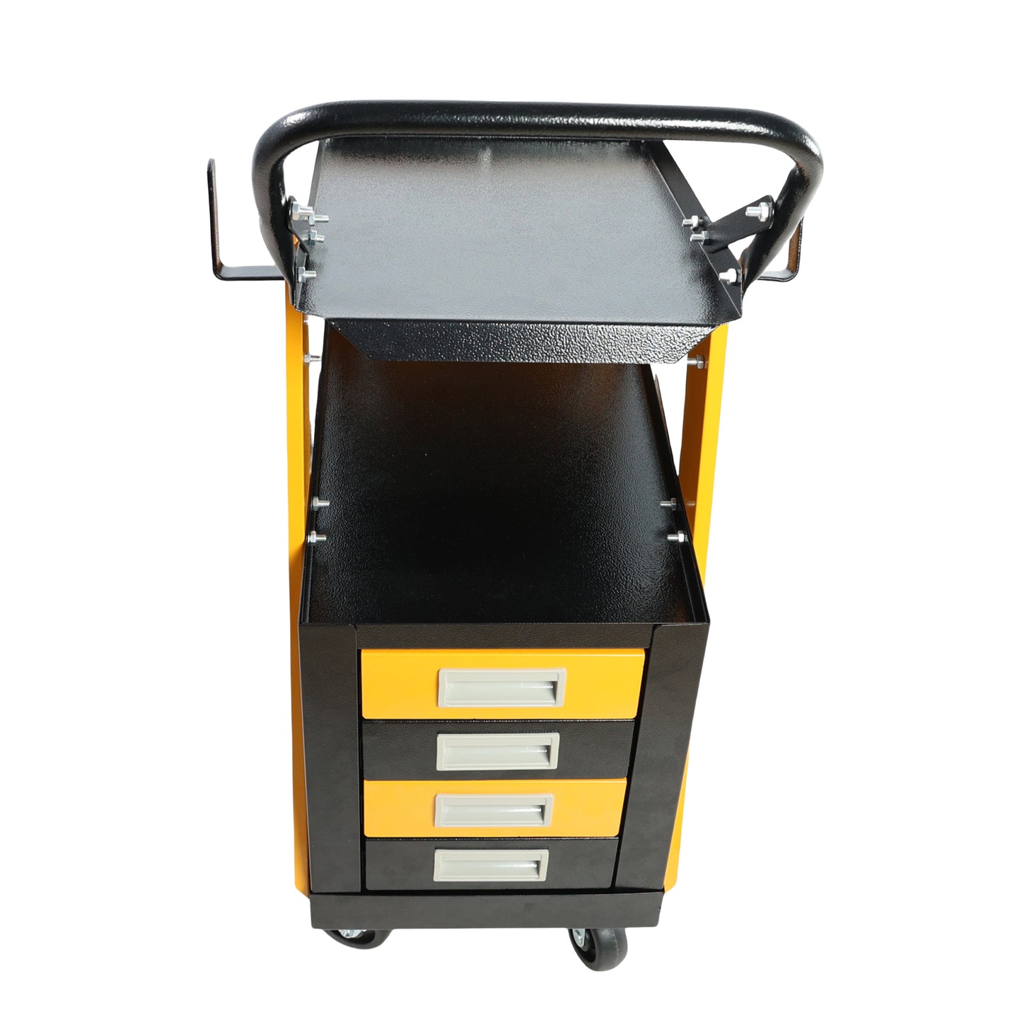 Yellow and black rolling tool cart with four drawers and a top shelf