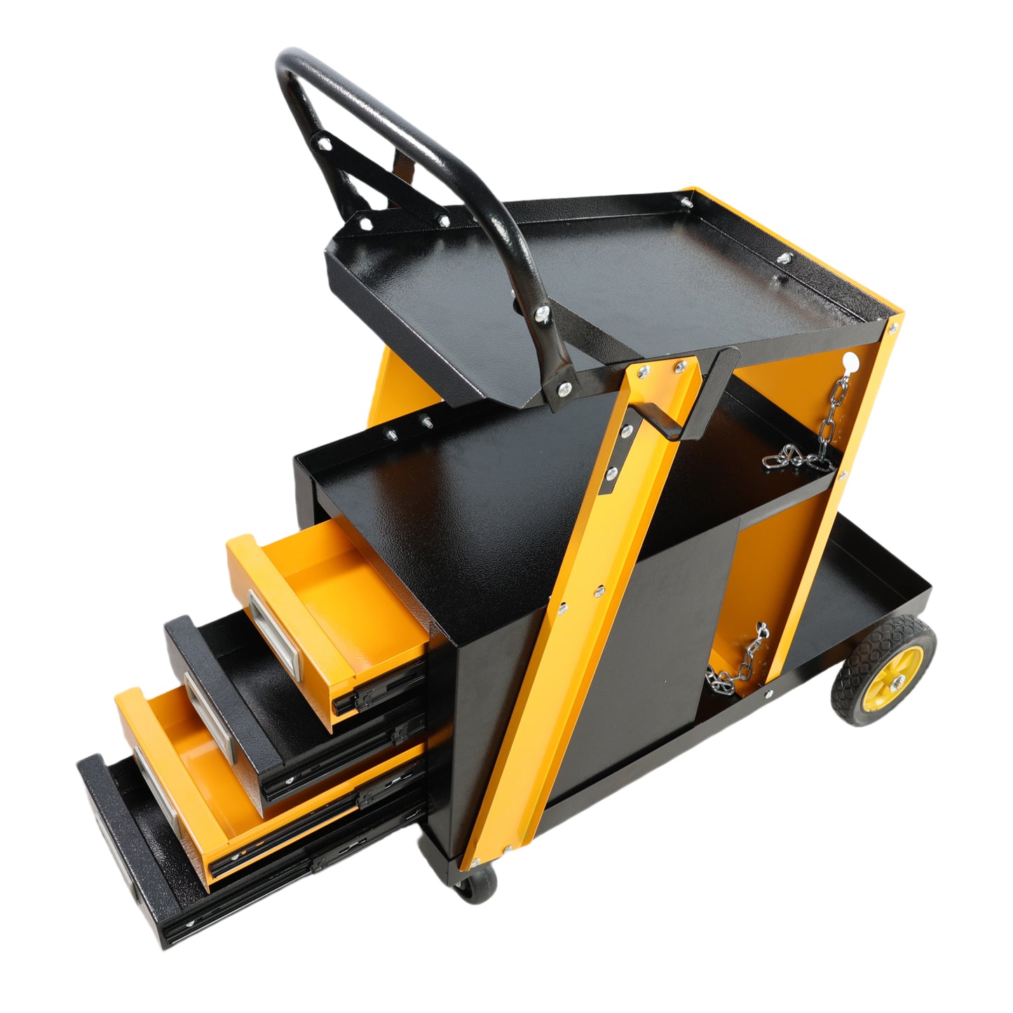 Black and yellow mobile tool cart with four pullout drawers and a handle for easy maneuverability