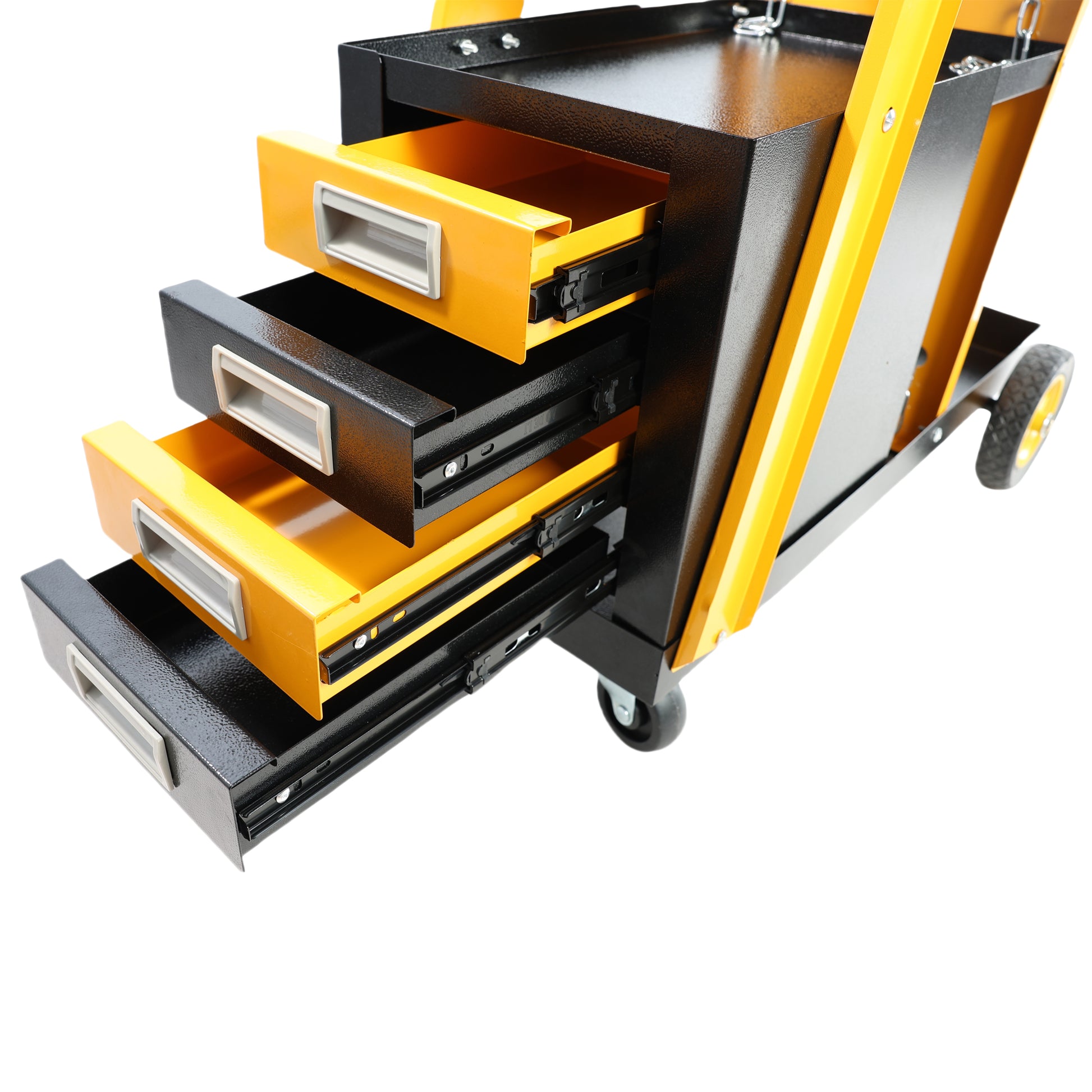 Black and yellow steel toolbox cart with three open drawers featuring smooth drawer slides
