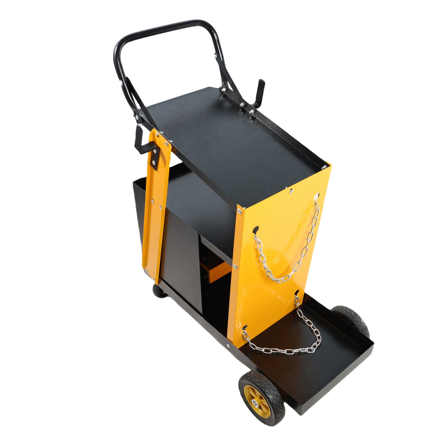 Yellow and black welding cart with three shelves and securing chains for gas cylinder