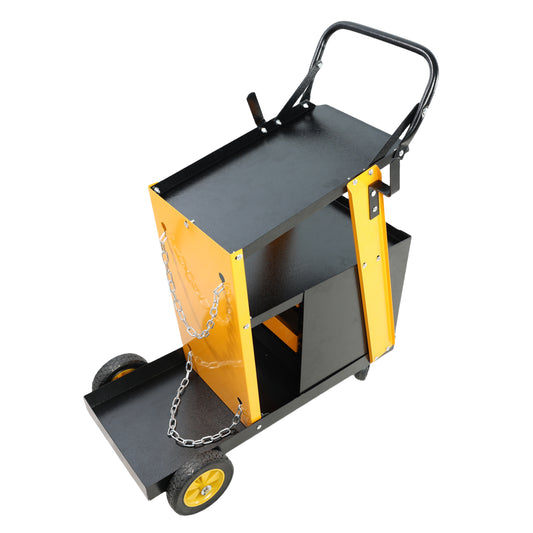 Yellow and black metal welding cart with two shelves and chain restraints