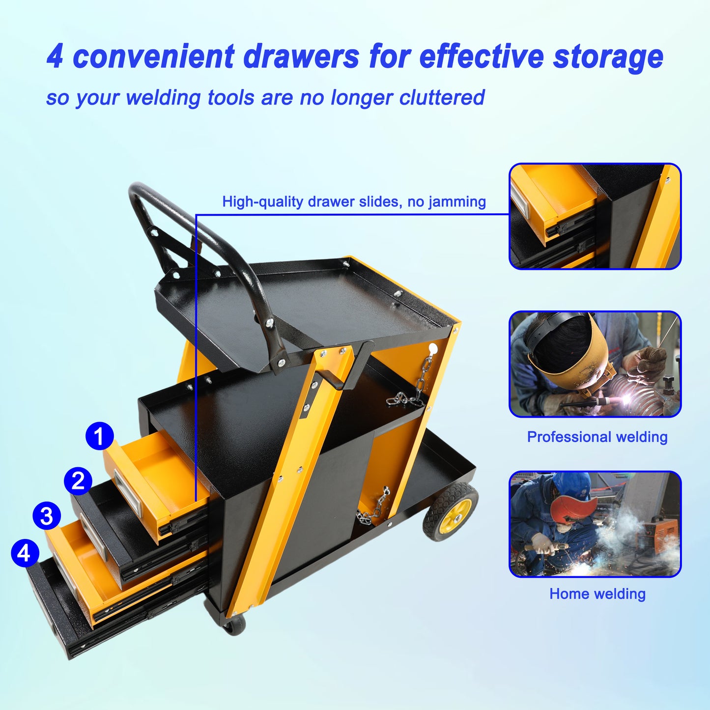 Yellow and black metal tool cart with four rolling drawers for organized welding equipment storage