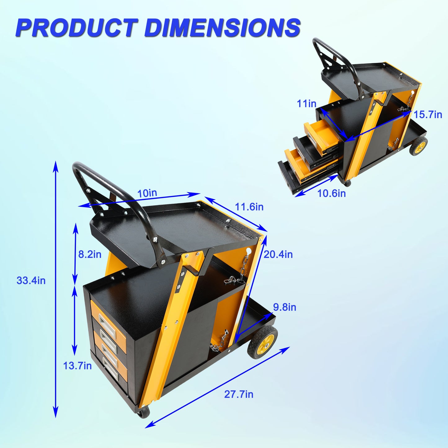 Yellow and black multitray rolling tool cart with drawer storage dimensions indicated