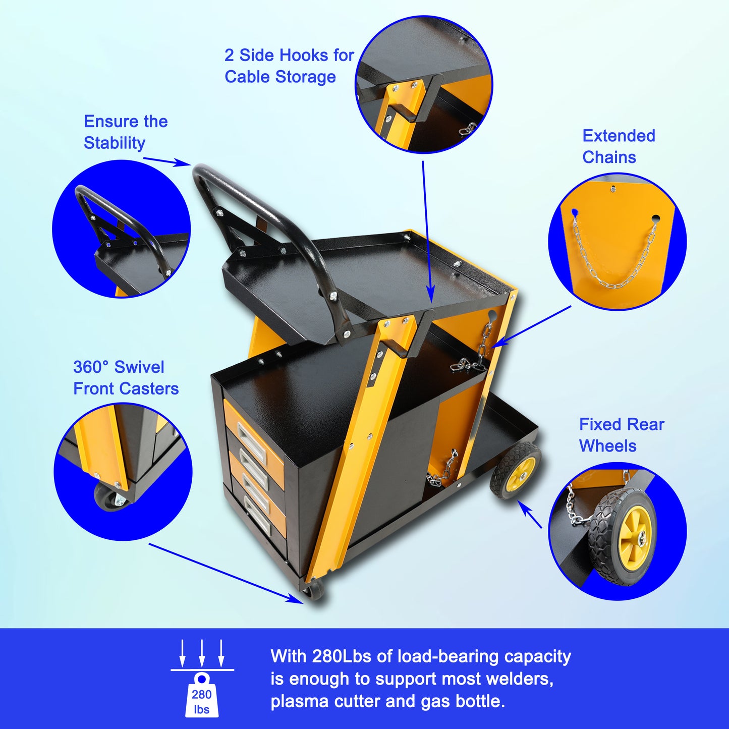Yellow and black tier welding cart with drawers and swivel casters