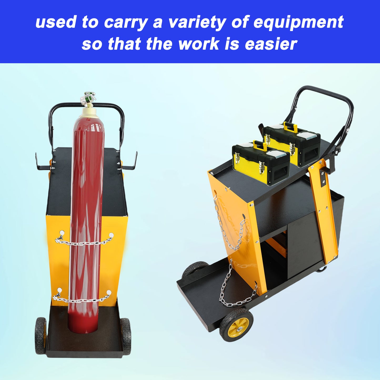 Yellow and black welding cart with gas cylinder secured by chain