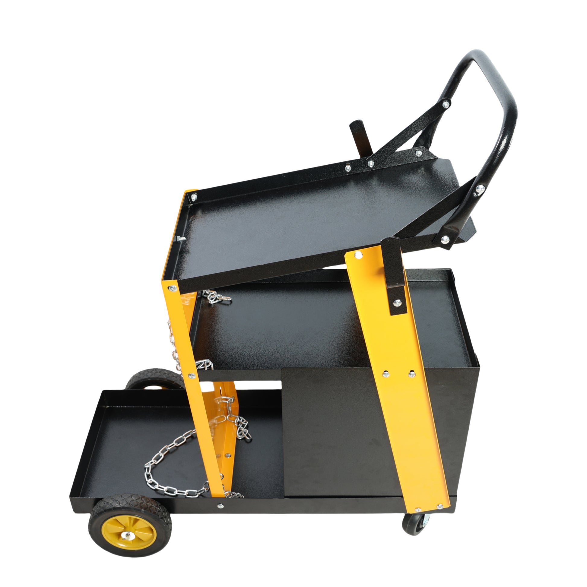 Black and yellow multitier welding cart with heavyduty wheels and chain for cylinder securing