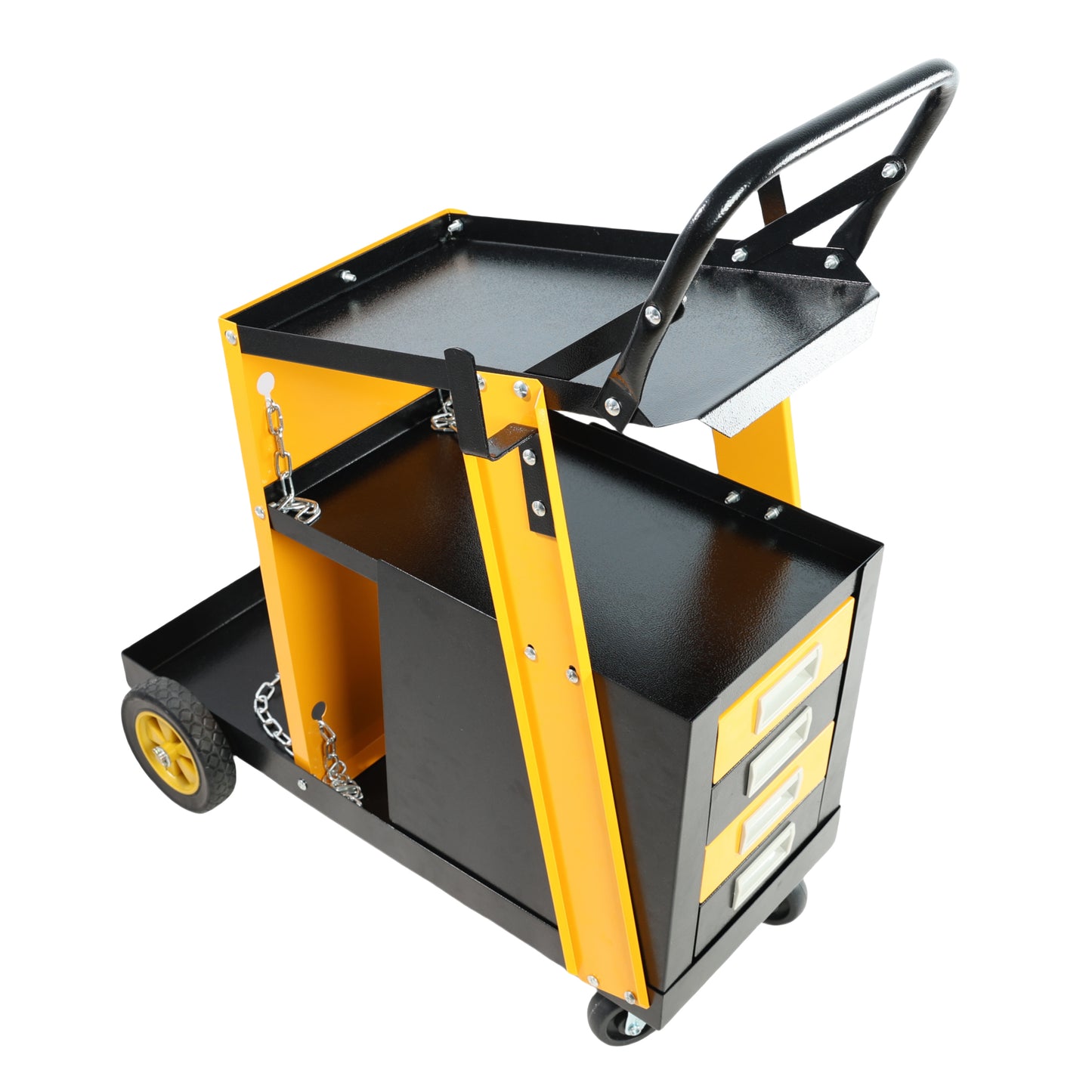 Black and yellow metal utility cart with three drawers and tool storage