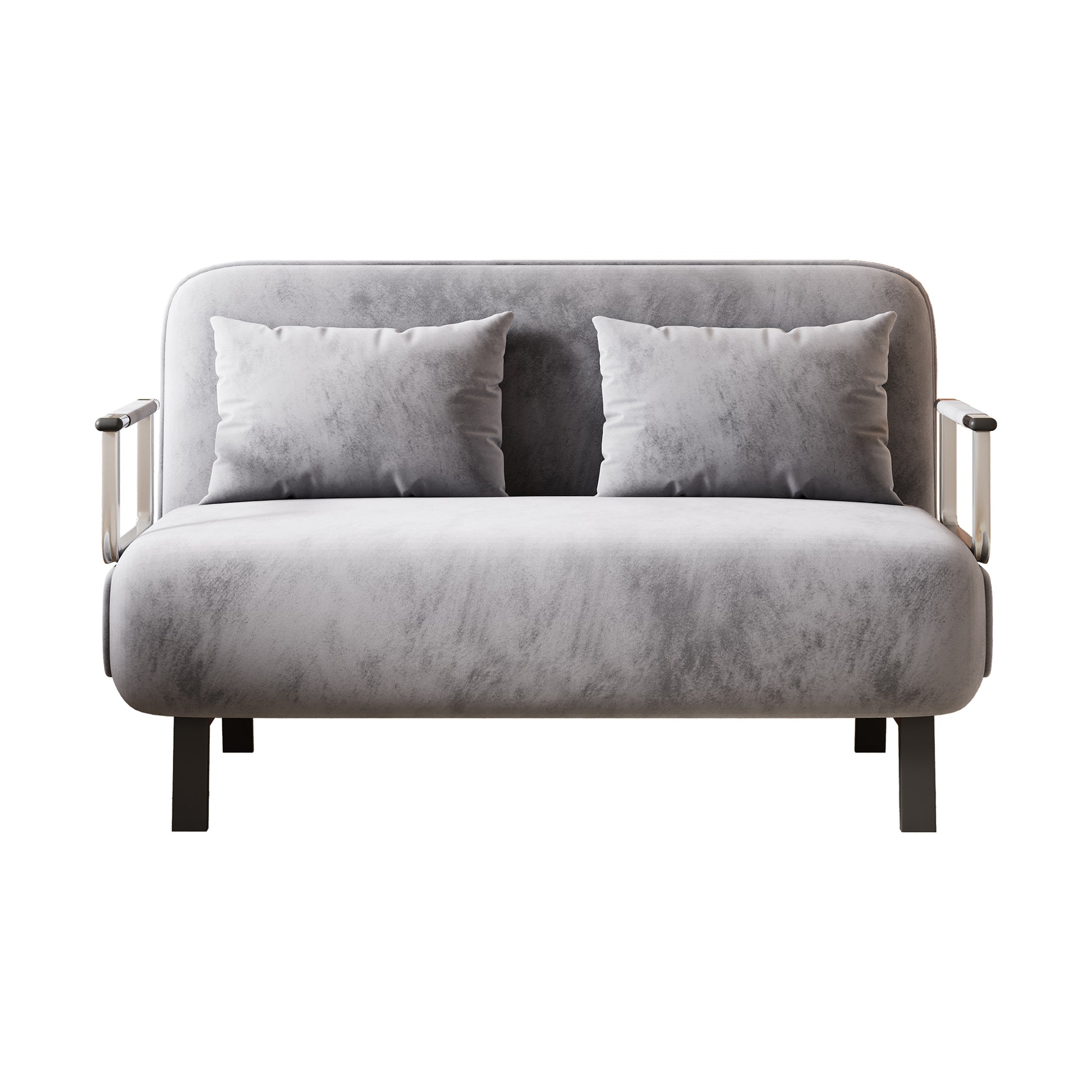 Gray velvet futon with silver armrests and dark legs perfect for small spaces