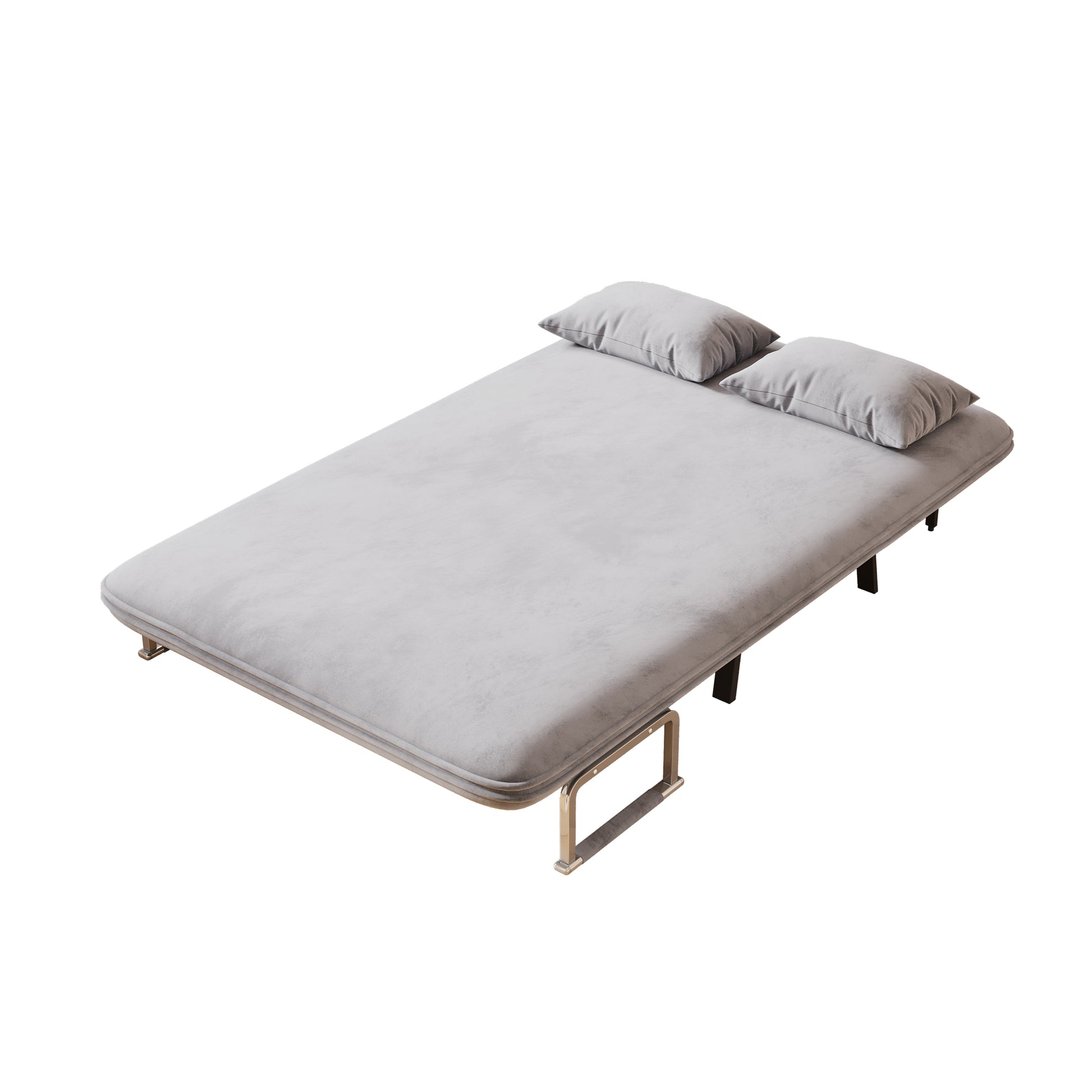 Light gray fabric convertible sofa bed with two plush pillows metal legs