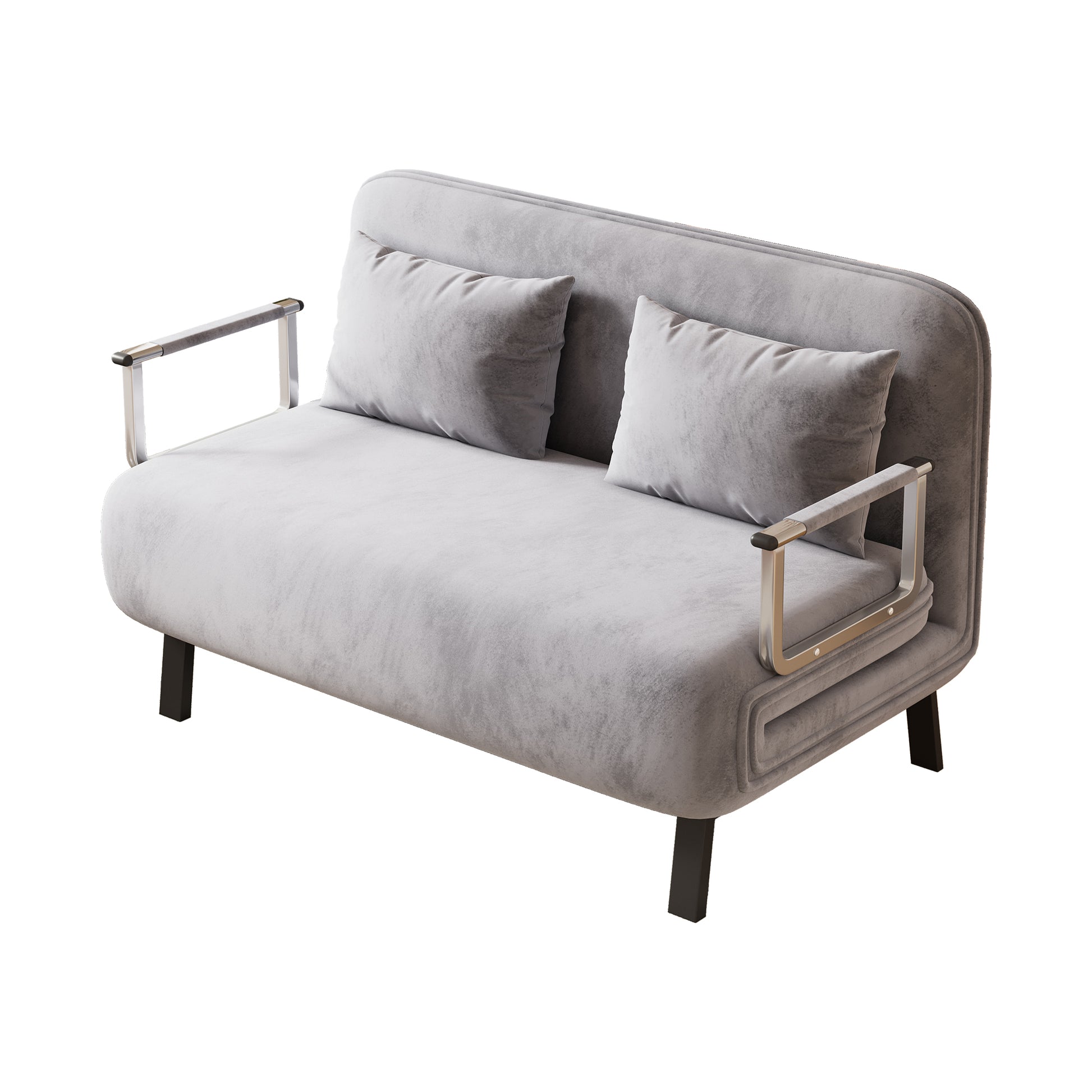 Light grey velvet loveseat with silver armrests and dark wooden legs