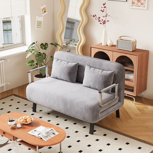 Grey velvet loveseat with chrome arms and plush cushions for modern living rooms
