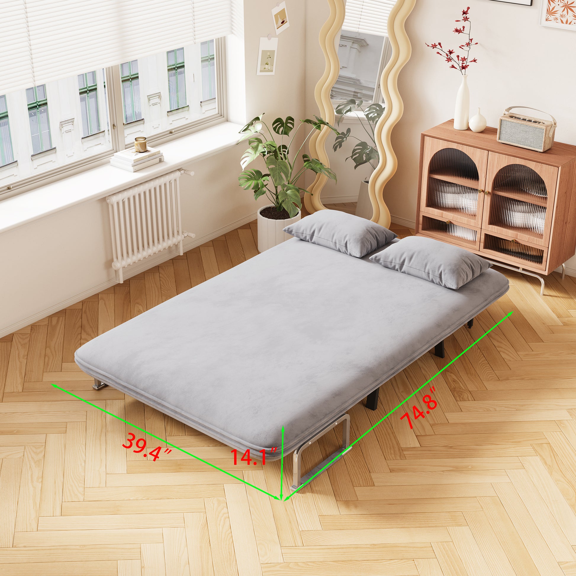 Gray velvet sofa bed with metal legs perfect for small spaces