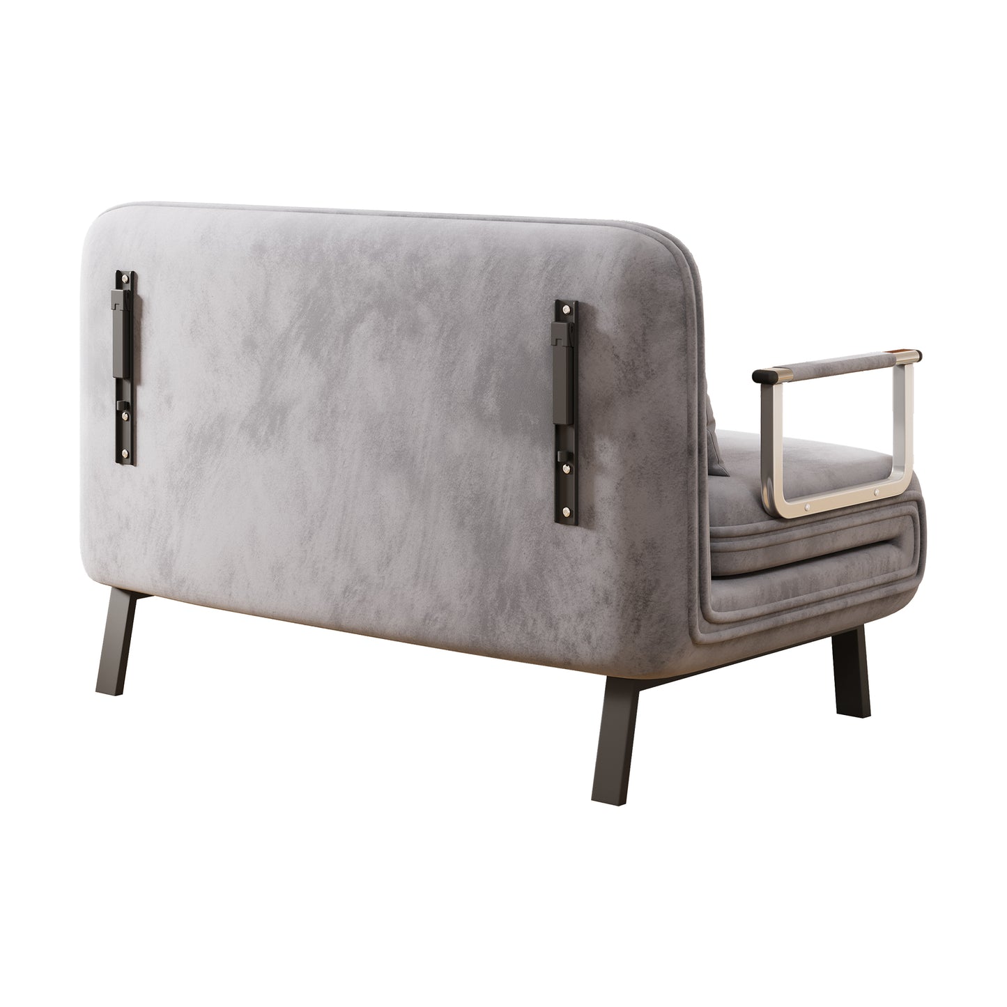Grey velvet accent chair with sleek silver armrests and dark wood legs