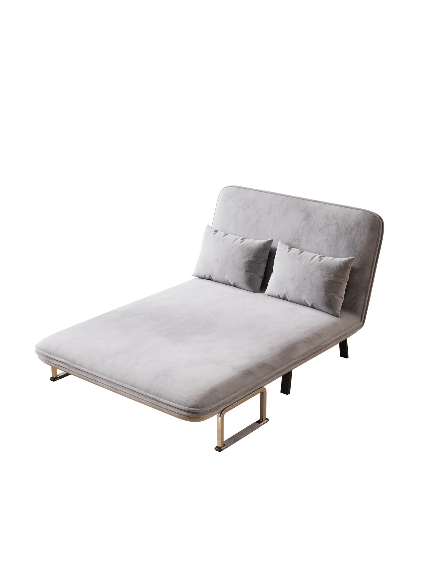 Gray velvet convertible sofa bed with two matching throw pillows modern design for small spaces
