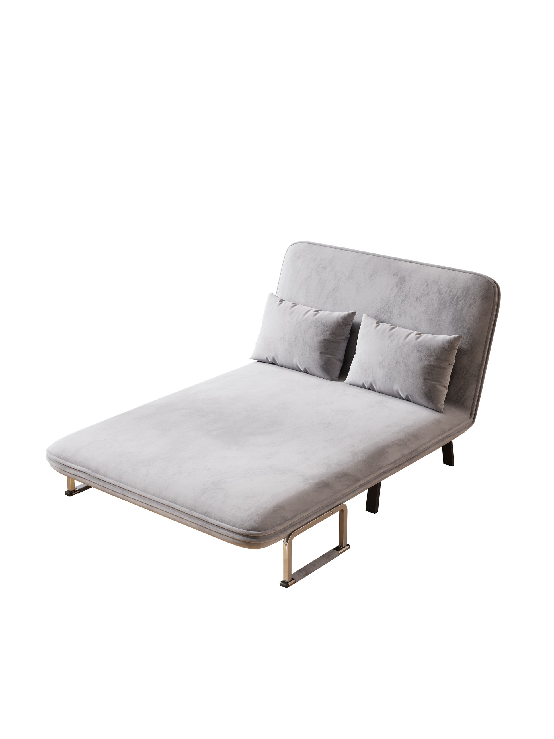 Gray velvet convertible sofa bed with two matching throw pillows modern design for small spaces