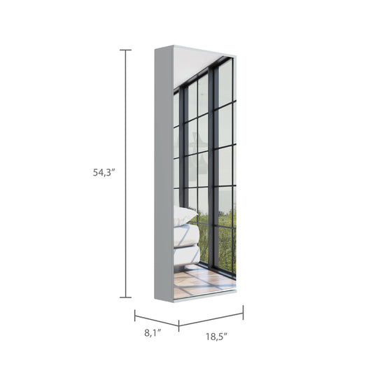 Tall narrow mirrored medicine cabinet with gray frame and natural wood interior detail