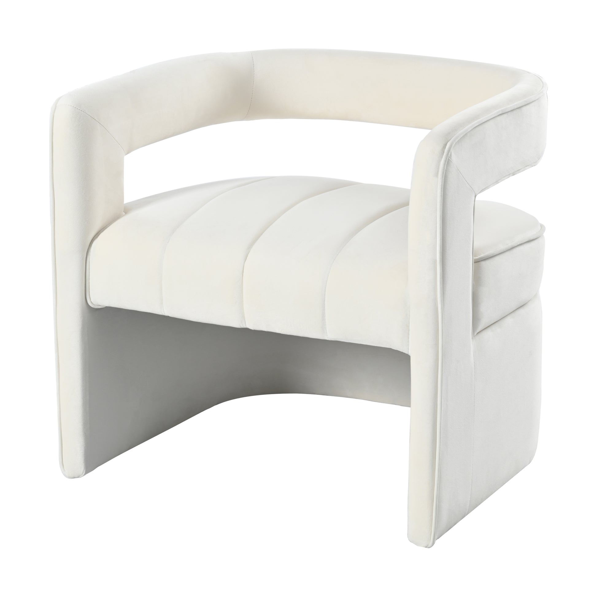 Cream velvet accent chair with plush channeled seat and curved armrests