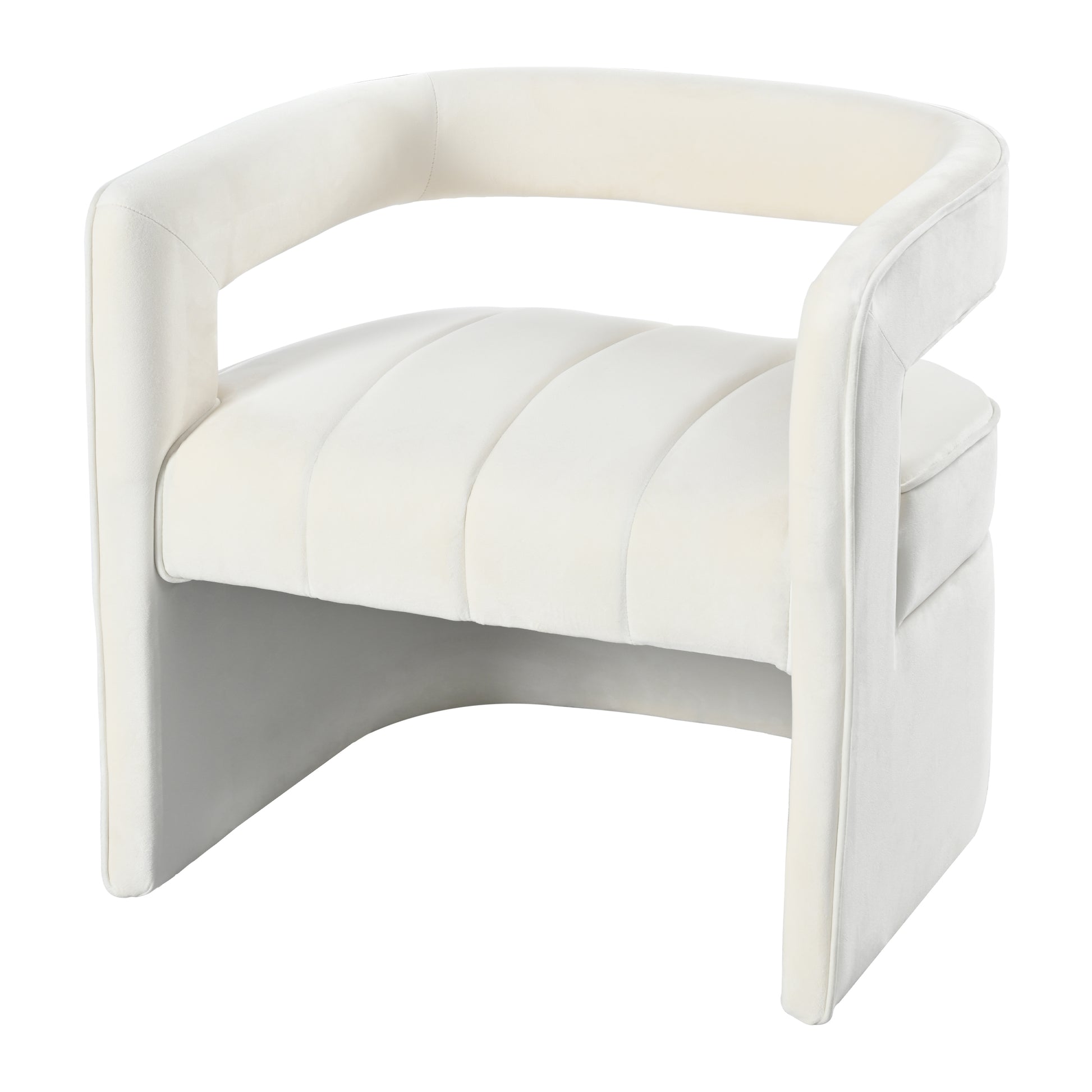 Cream velvet accent chair with channel tufting and a modern curved design