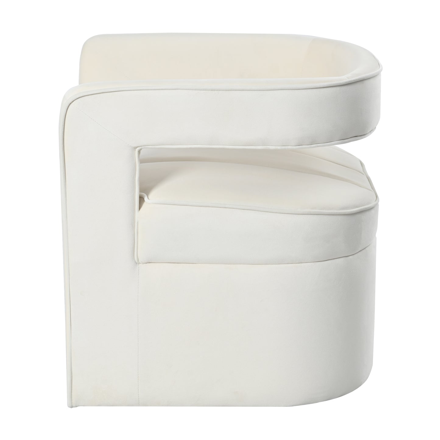 Cream velvet armchair with curved back and open arm design